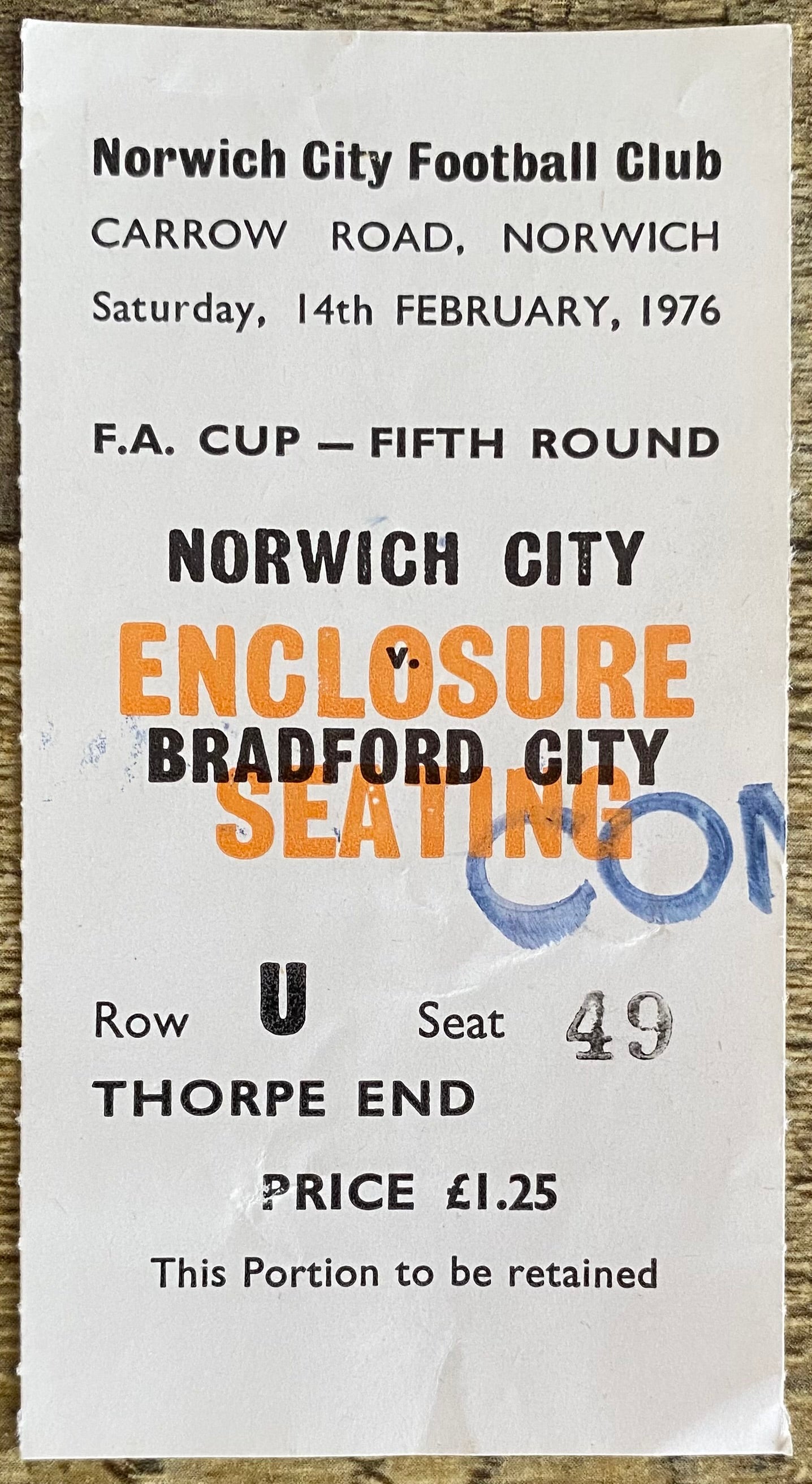 1975/76 ORIGINAL FA CUP 5TH ROUND TICKET NORWICH CITY V BRADFORD CITY