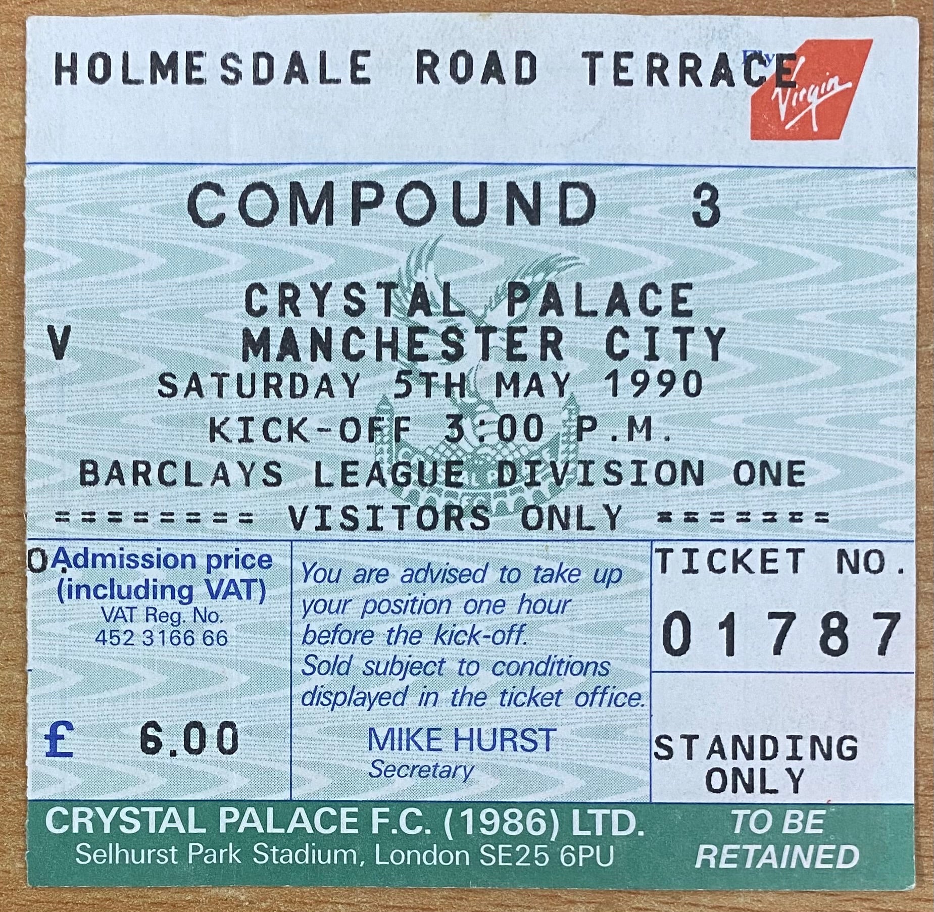1989/90 ORIGINAL DIVISION 1 TICKET CRYSTAL PALACE V MANCHESTER CITY