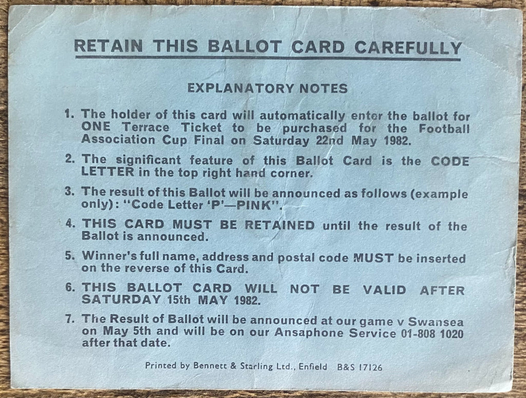 1982 ORIGINAL FA CUP FINAL TICKET TOTTENHAM HOTSPUR BALLOT CARD