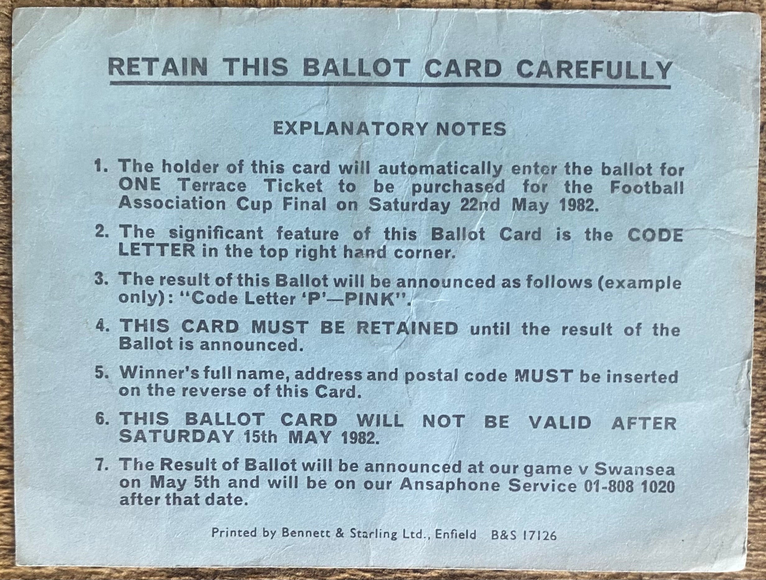 1982 ORIGINAL FA CUP FINAL TICKET TOTTENHAM HOTSPUR BALLOT CARD