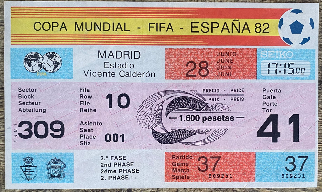 1982 ORIGINAL WORLD CUP 2ND PHASE UNUSED TICKET AUSTRIA V FRANCE @ MADRID
