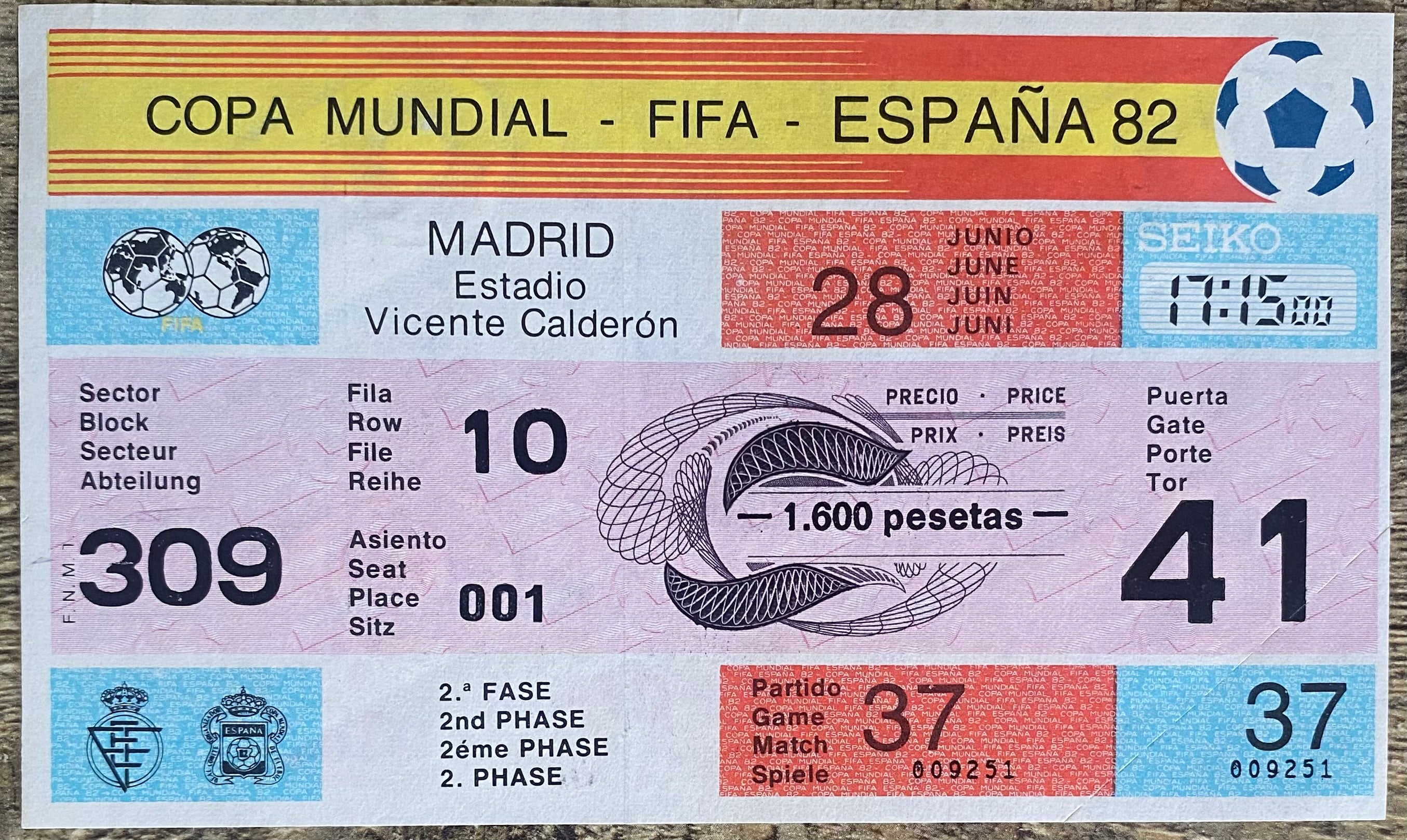 1982 ORIGINAL WORLD CUP 2ND PHASE UNUSED TICKET AUSTRIA V FRANCE @ MADRID