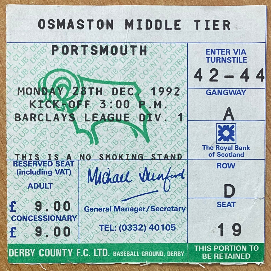 1992/93 ORIGINAL DIVISION ONE TICKET DERBY COUNTY V PORTSMOUTH