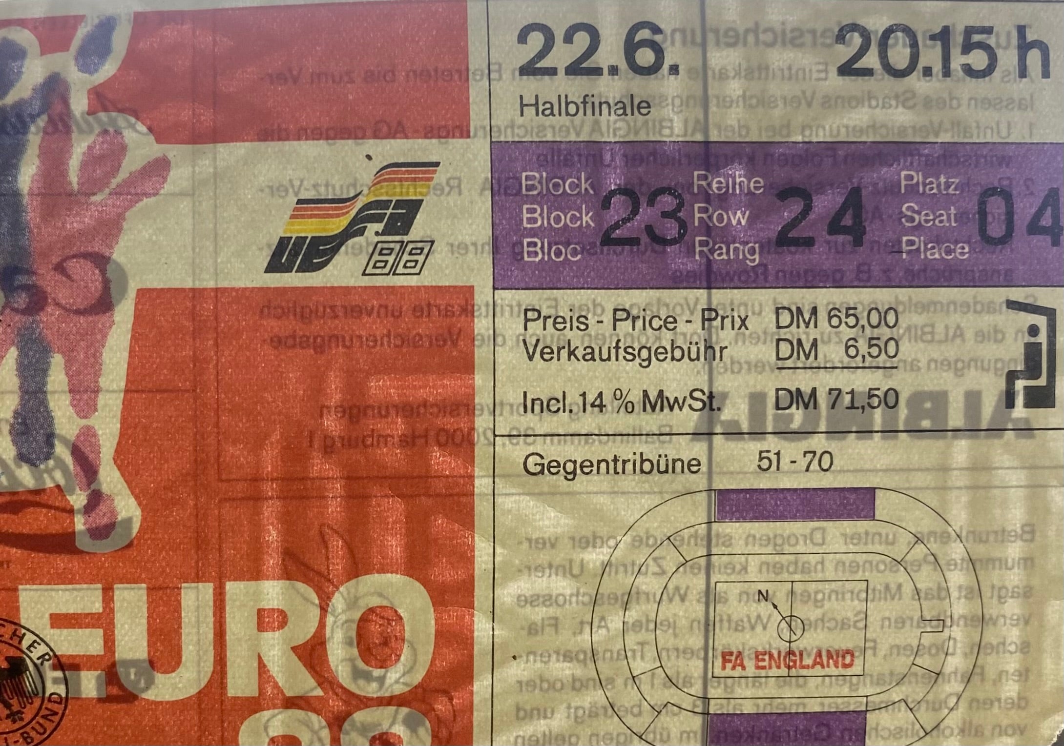1988 ORIGINAL EURO 88 SEMI FINAL TICKET SOVIET UNION V ITALY @ STUTTGART