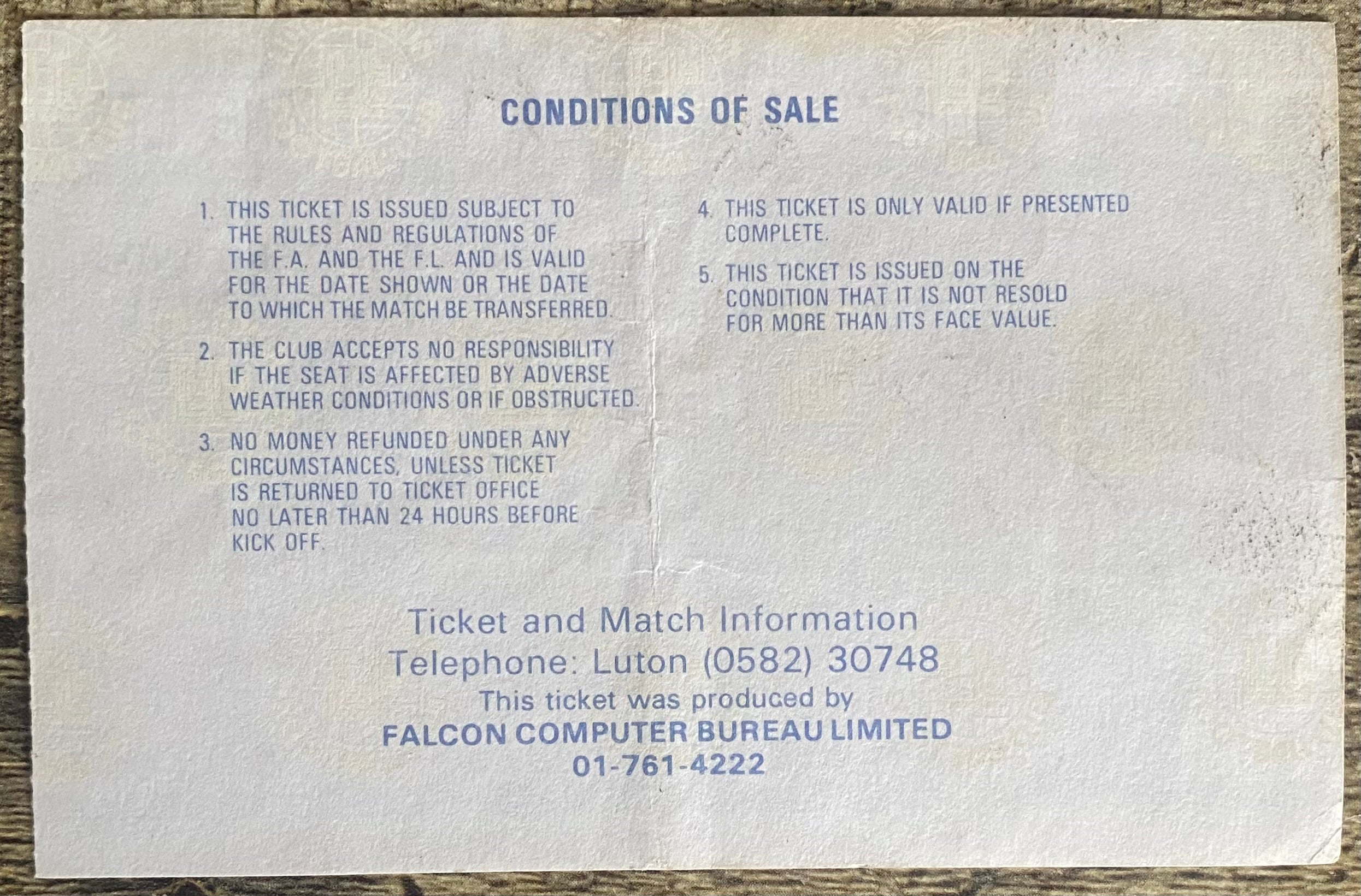 1984/85 ORIGINAL DIVISION 1 TICKET LUTON TOWN  V SUNDERLAND