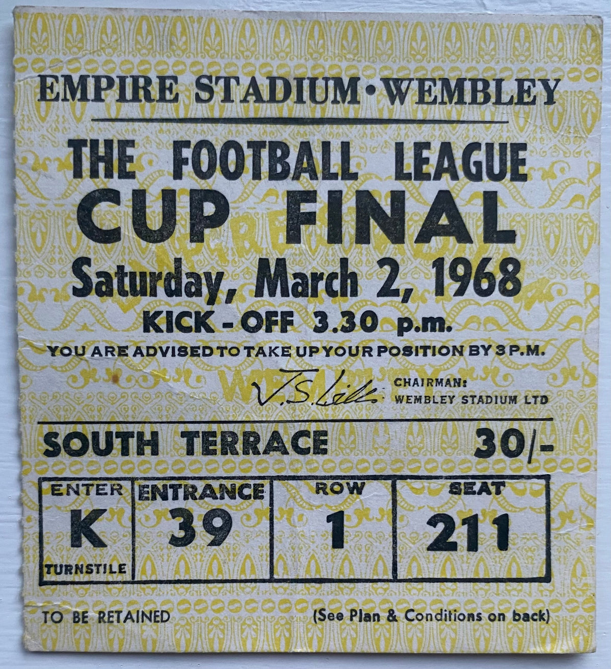 1968 ORIGINAL LEAGUE CUP FINAL TICKET LEEDS UNITED V ARSENAL
