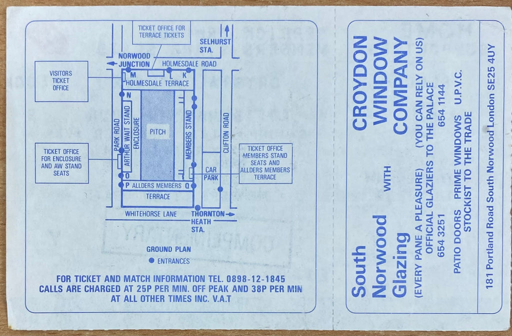 1989/90 ORIGINAL DIVISION 1 UNUSED TICKET CRYSTAL PALACE V TOTTENHAM HOTSPUR