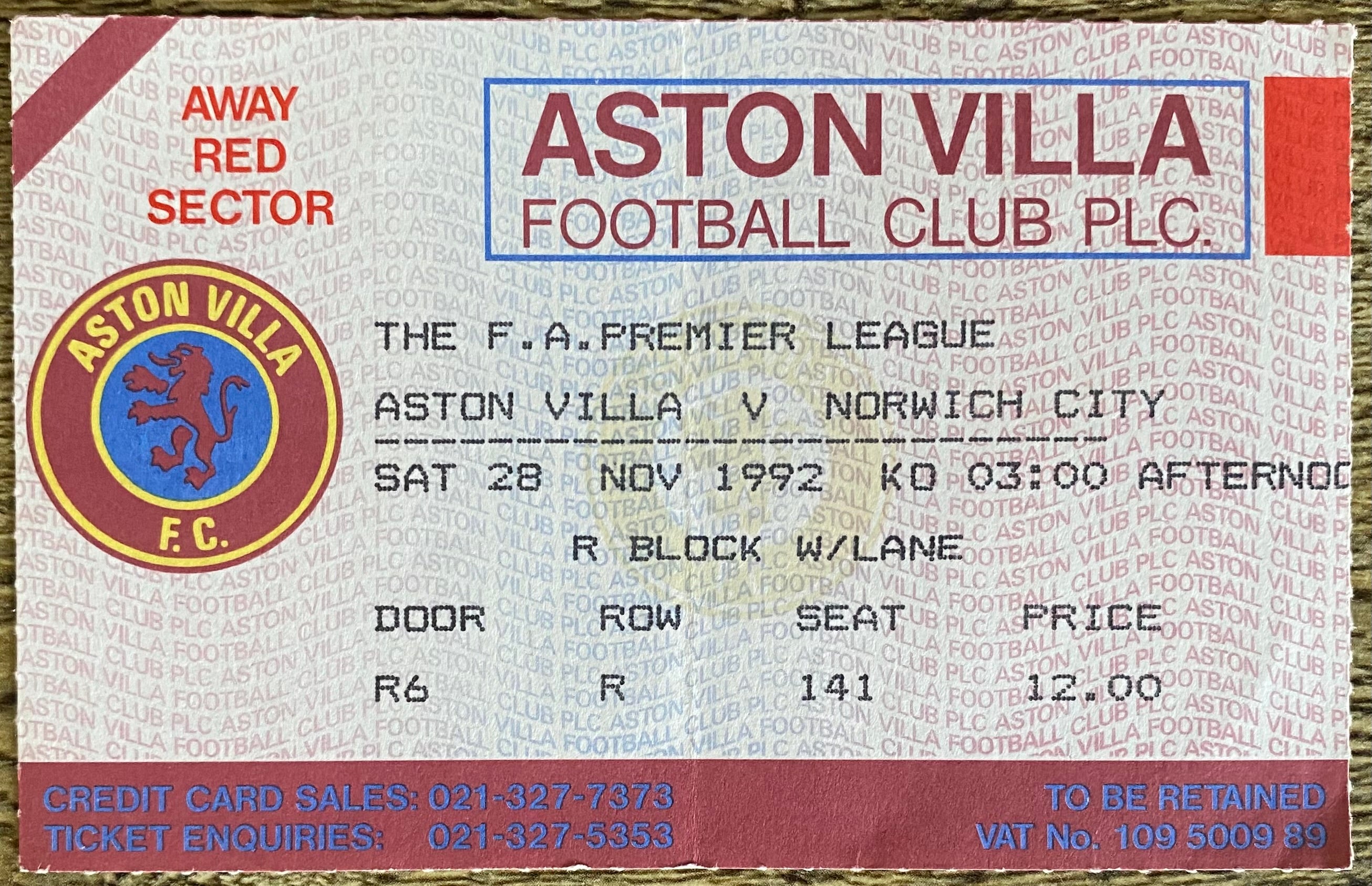1992/93 ORIGINAL PREMIER LEAGUE TICKET ASTON VILLA V NORWICH CITY