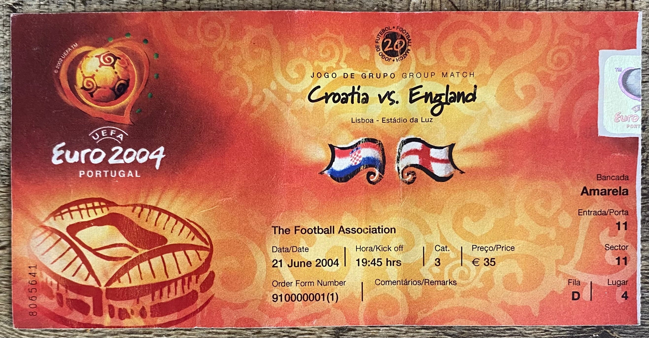 2004 ORIGINAL EUROPEAN CHAMPIONSHIPS TICKET ENGLAND V CROATIA @ LISBON