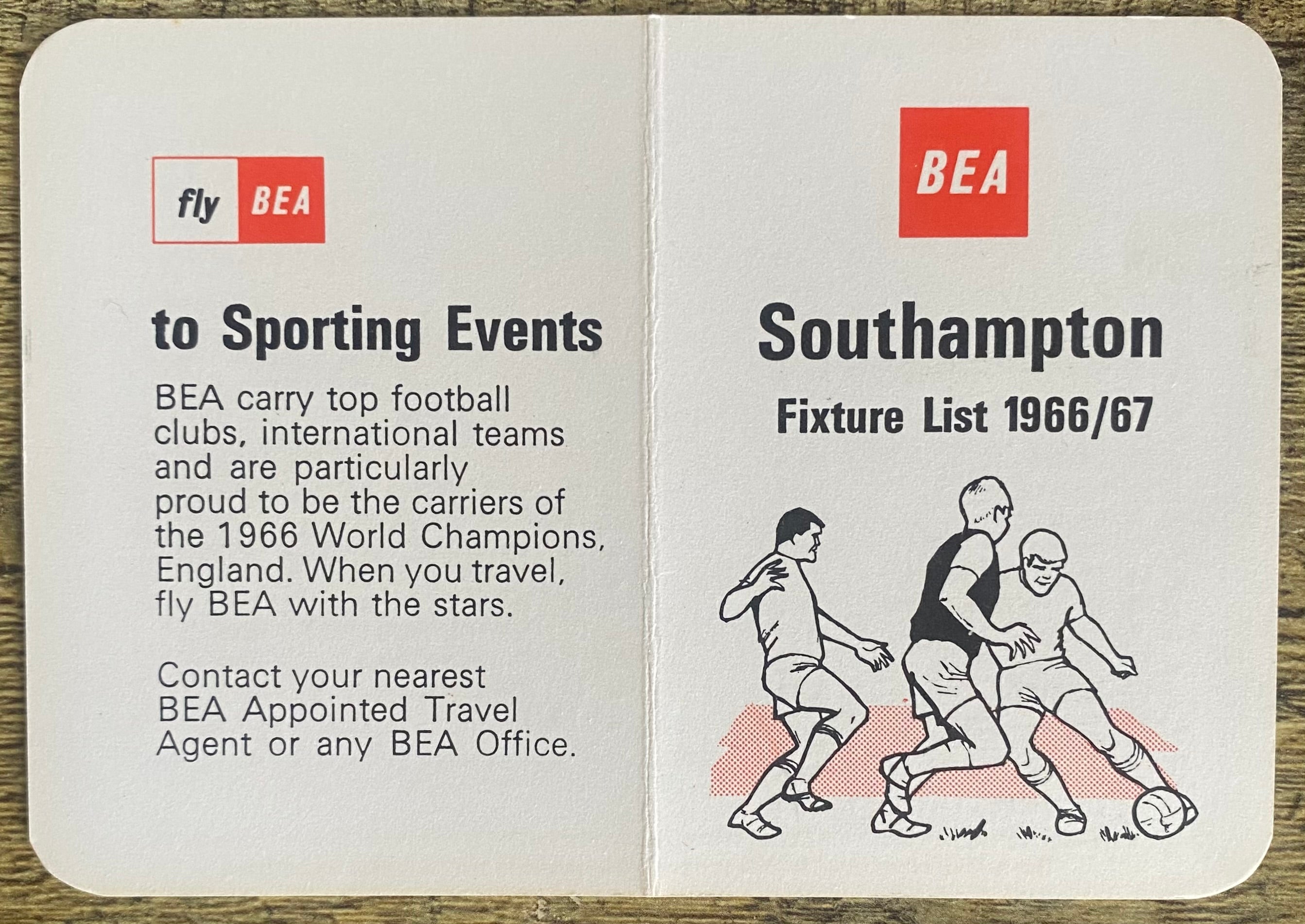 1966/67 ORIGINAL BRITISH EUROPEAN AIRWAYS FIXTURE LIST FOR SOUTHAMPTON