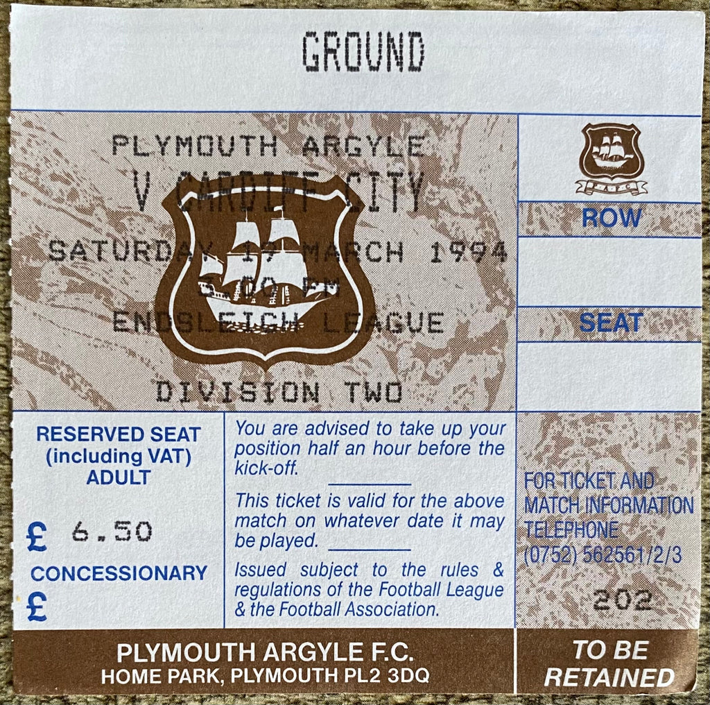 1993/94 ORIGINAL DIVISION 2 TICKET PLYMOUTH ARGYLE V CARDIFF CITY