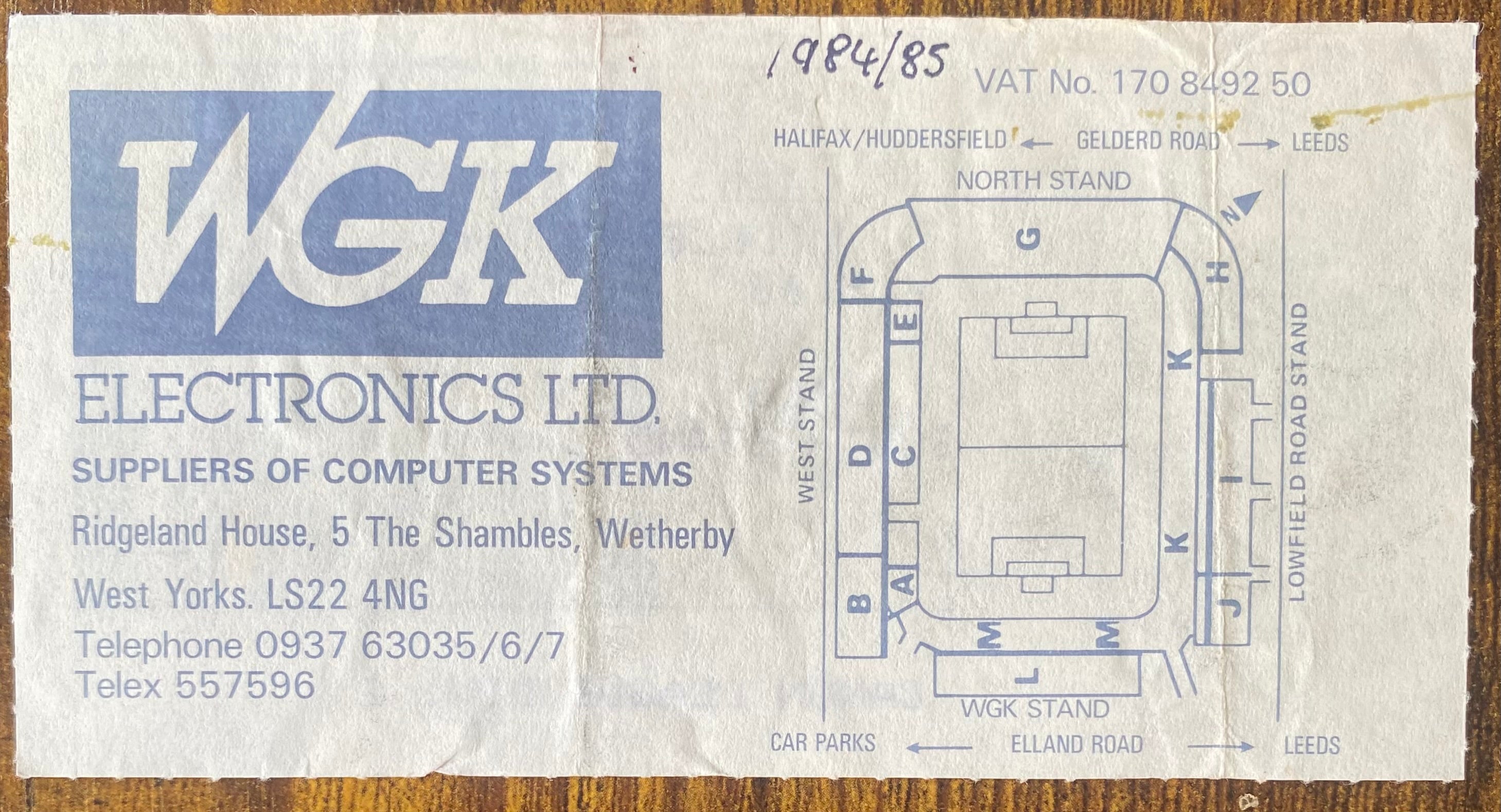 1984/85 ORIGINAL DIVISION TWO TICKET LEEDS UNITED V MIDDLESBROUGH