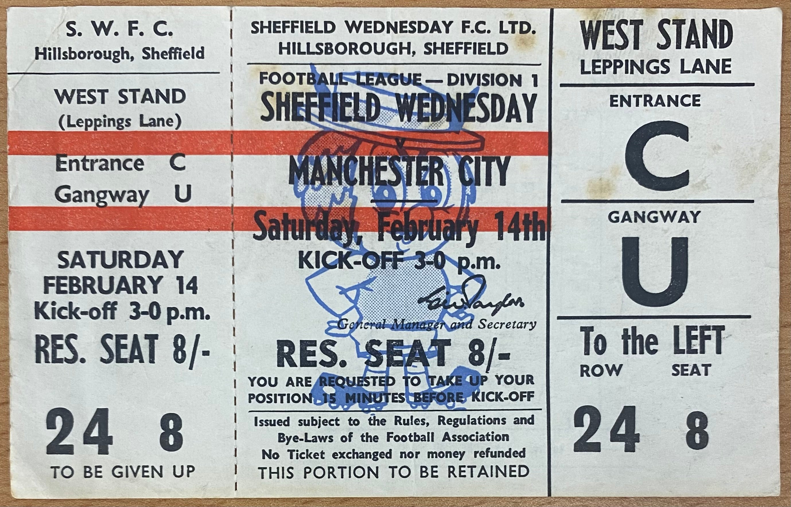 1969/70 ORIGINAL DIVISION 1 UNUSED TICKET SHEFFIELD WEDNESDAY V MANCHESTER CITY