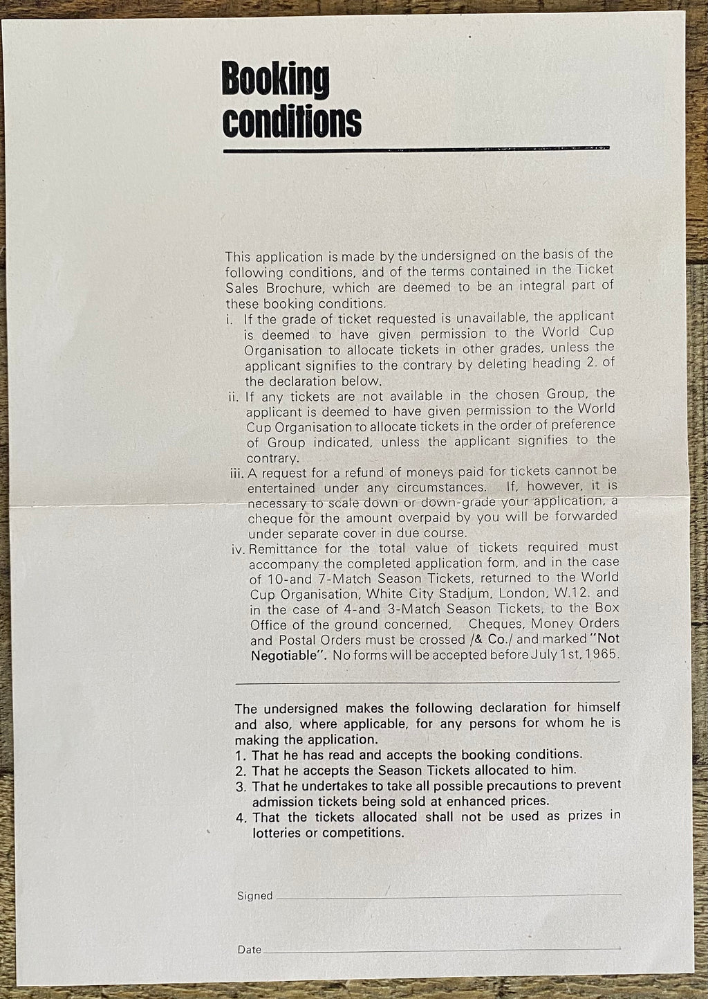 1966 WORLD CUP ORIGINAL OFFICIAL TICKET APPLICATION FORM