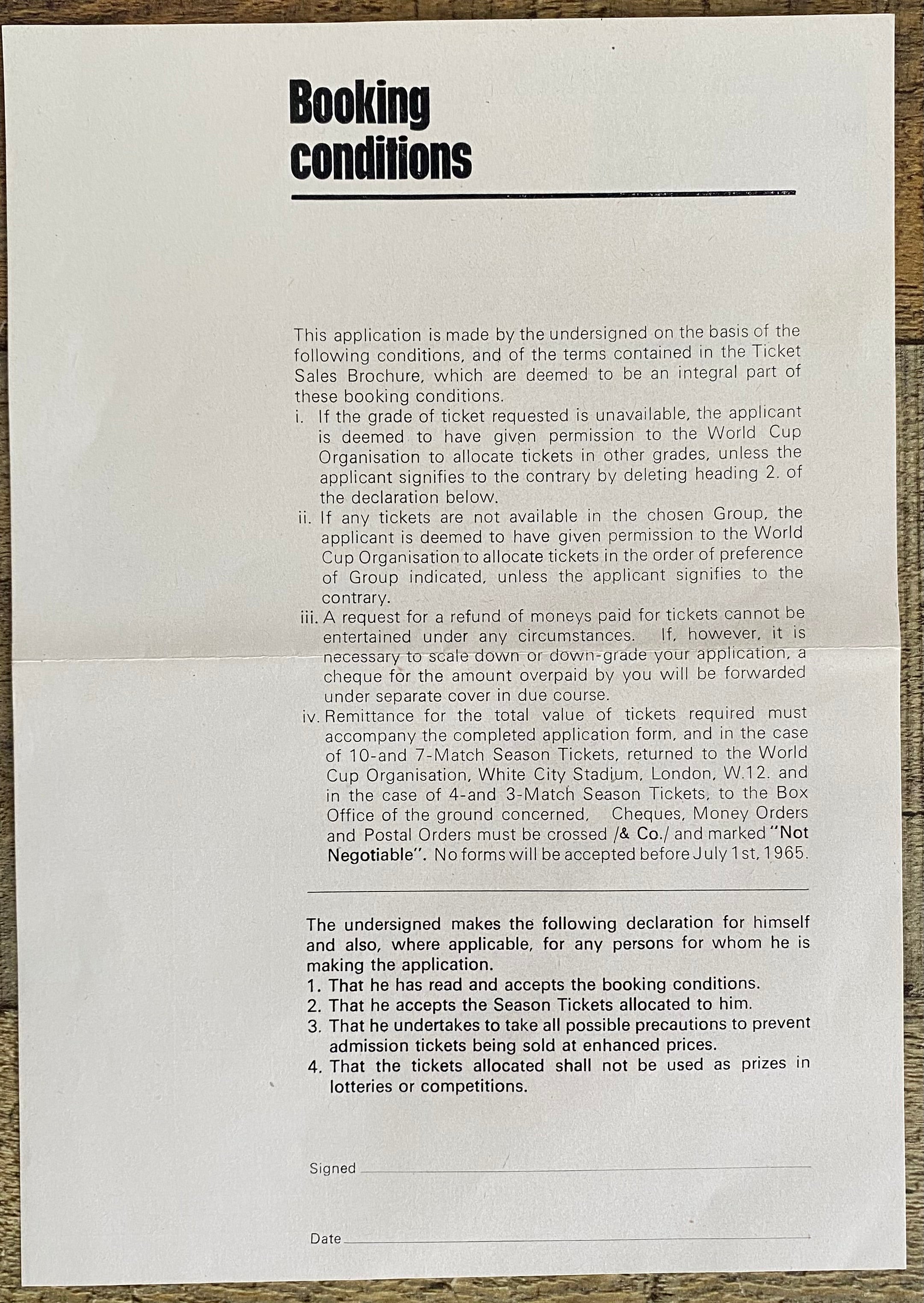 1966 WORLD CUP ORIGINAL OFFICIAL TICKET APPLICATION FORM