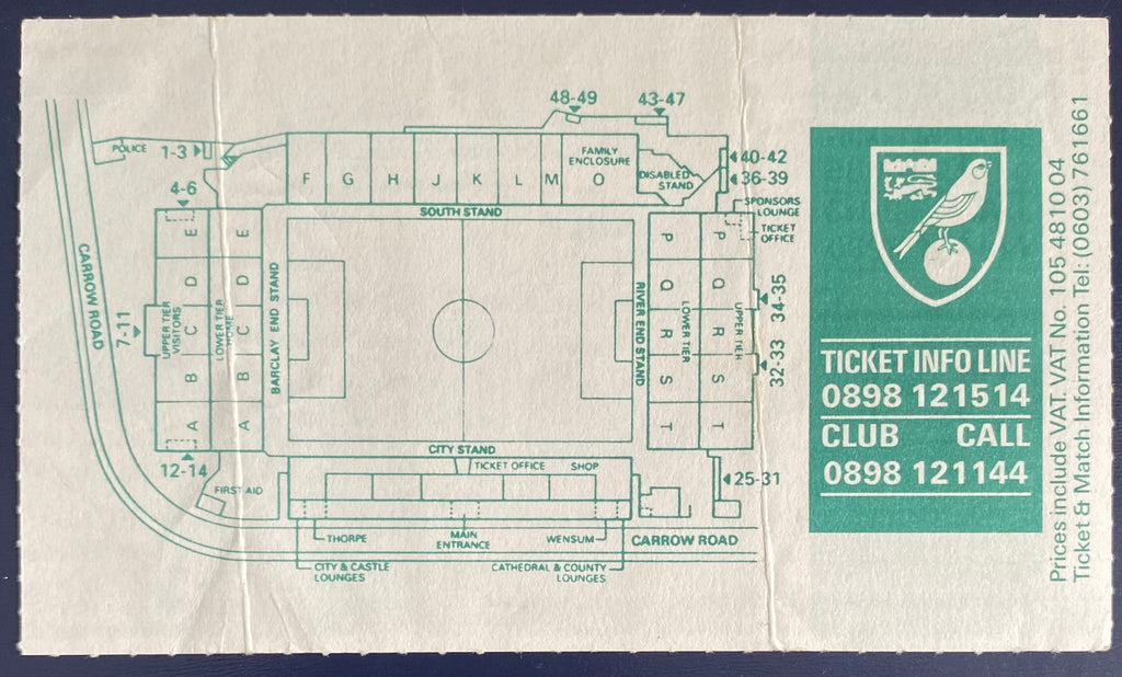 1992/93 ORIGINAL FA PREMIER LEAGUE TICKET NORWICH CITY V MANCHESTER CITY