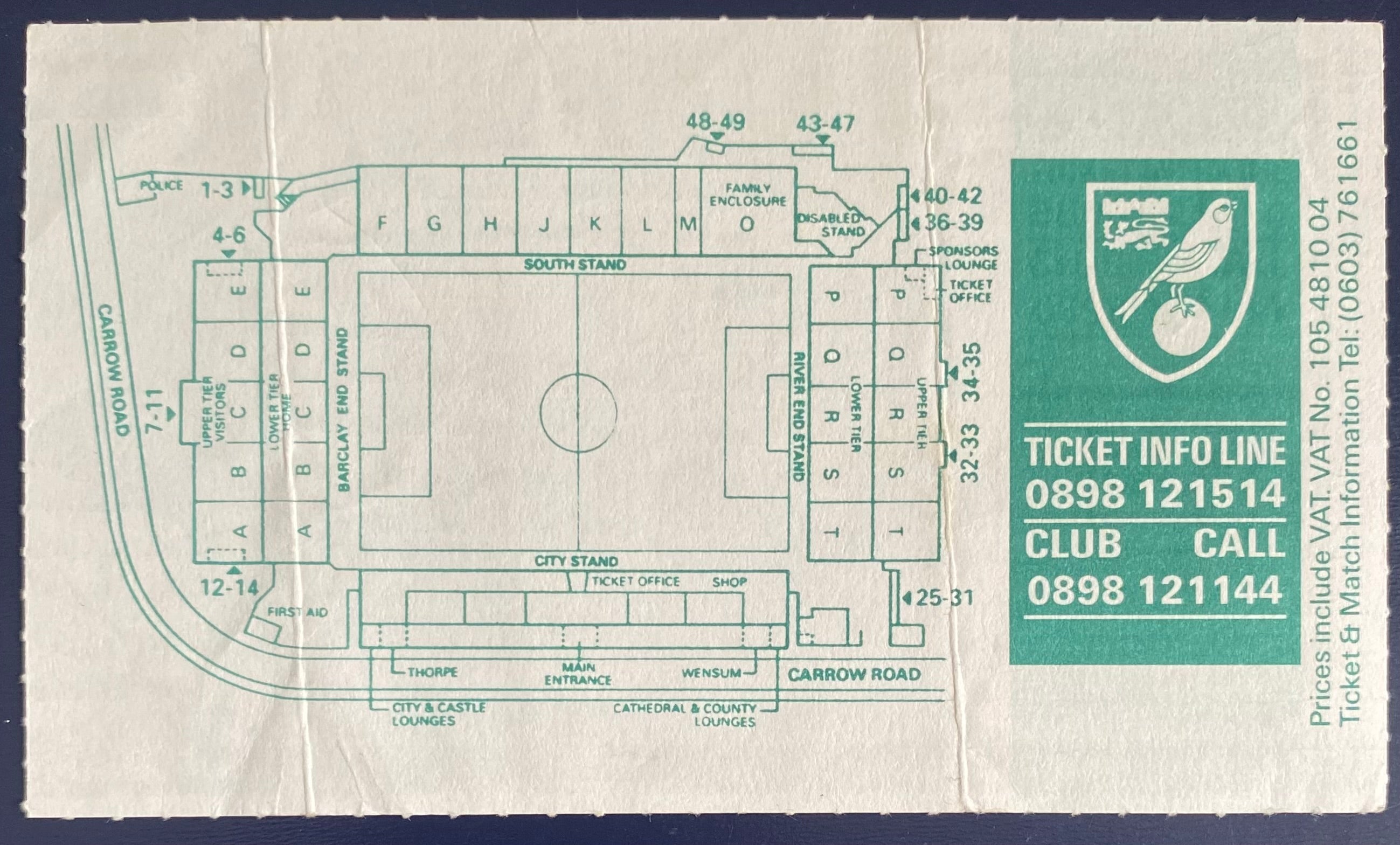 1992/93 ORIGINAL FA PREMIER LEAGUE TICKET NORWICH CITY V MANCHESTER CITY