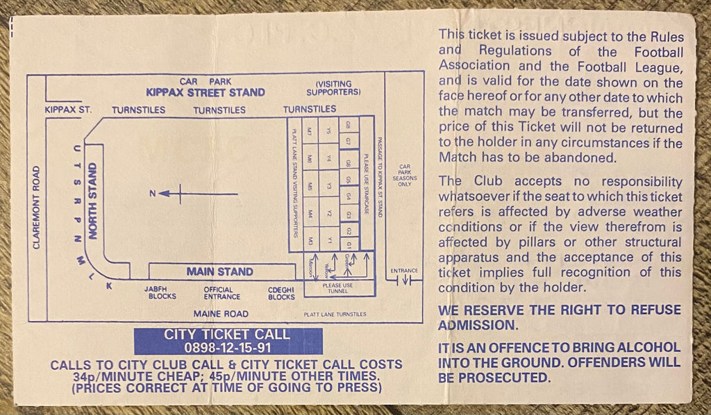 1992/93 ORIGINAL PREMIER LEAGUE TICKET MANCHESTER CITY V CHELSEA