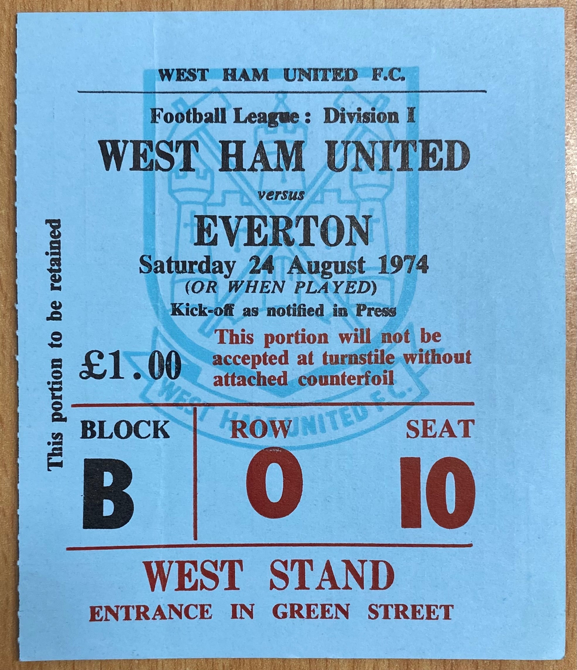 1974/75 ORIGINAL DIVISION ONE TICKET WEST HAM UNITED V EVERTON