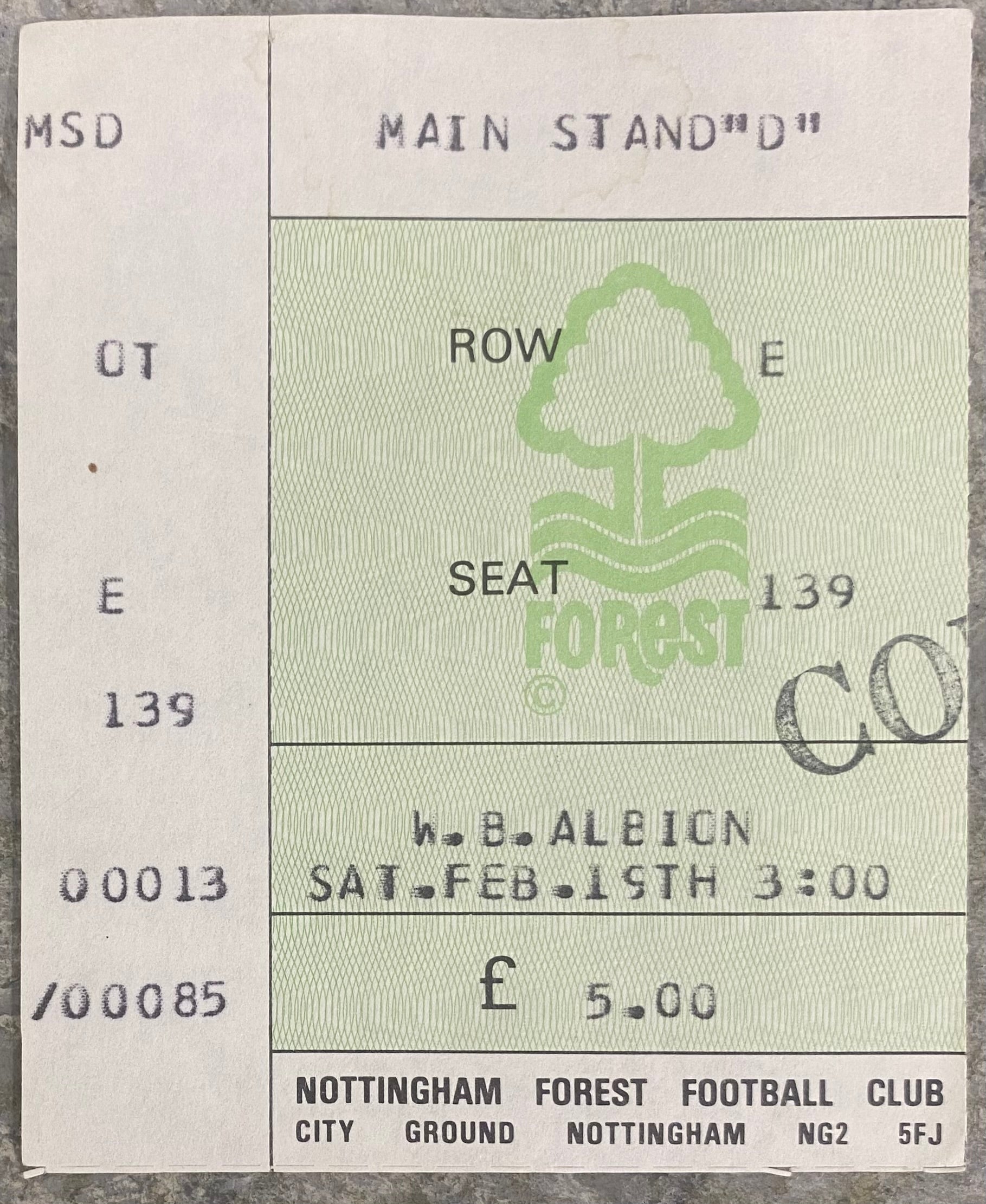 1982/83 ORIGINAL DIVISION 1 TICKET NOTTINGHAM FOREST V WEST BROMWICH ALBION