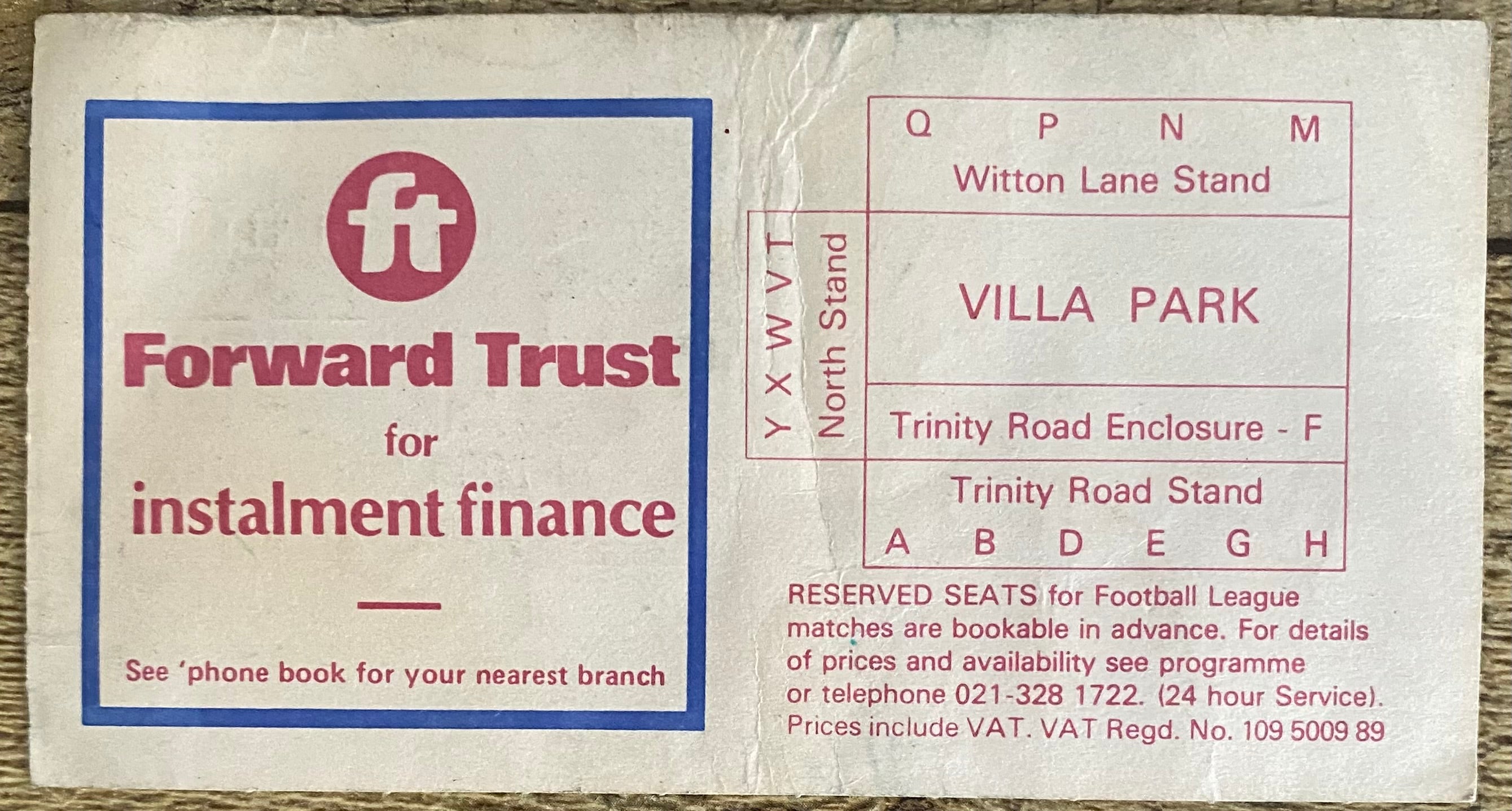 1981/82 ORIGINAL DIVISION 1 TICKET ASTON VILLA V WEST HAM UNITED