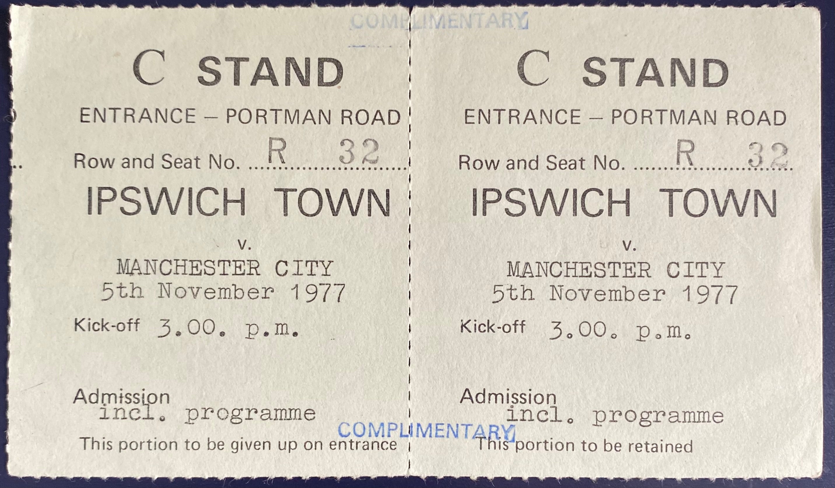 1977/78 ORIGINAL DIVISION 1 UNUSED TICKET IPSWICH TOWN V MANCHESTER CITY