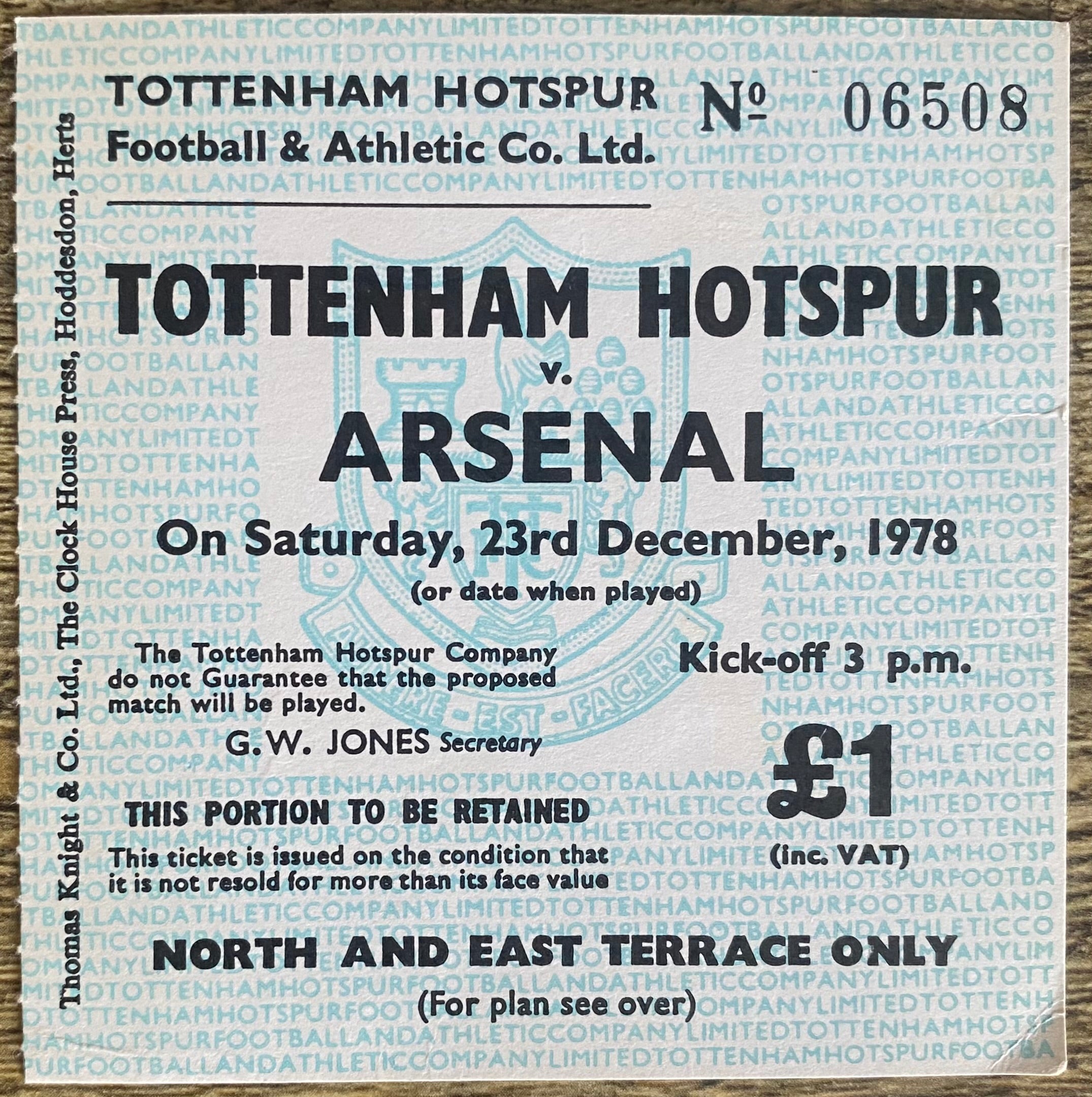 1978/79 ORIGINAL DIVISION ONE TICKET TOTTENHAM HOTSPUR V ARSENAL