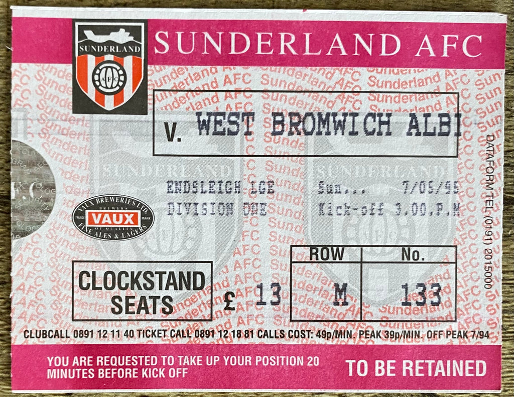 1994/95 ORIGINAL DIVISION ONE TICKET SUNDERLAND v WEST BROMWICH ALBION