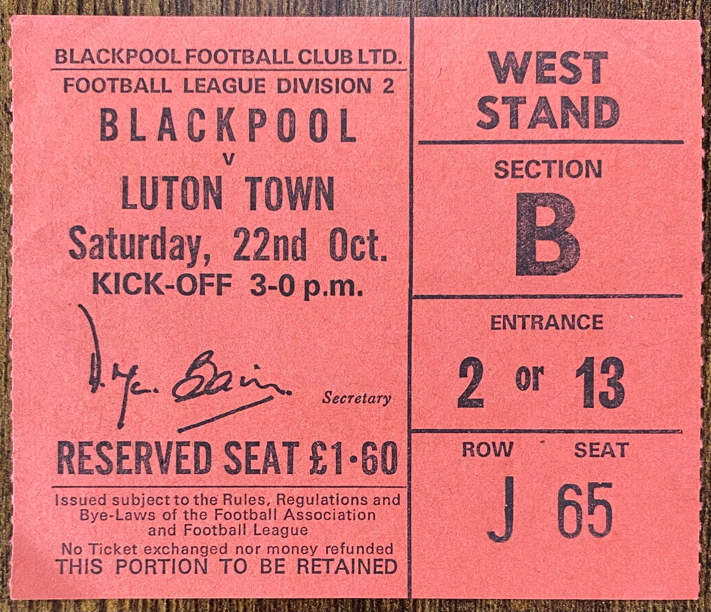 1977/78 ORIGINAL DIVISION 2 TICKET BLACKPOOL V LUTON TOWN
