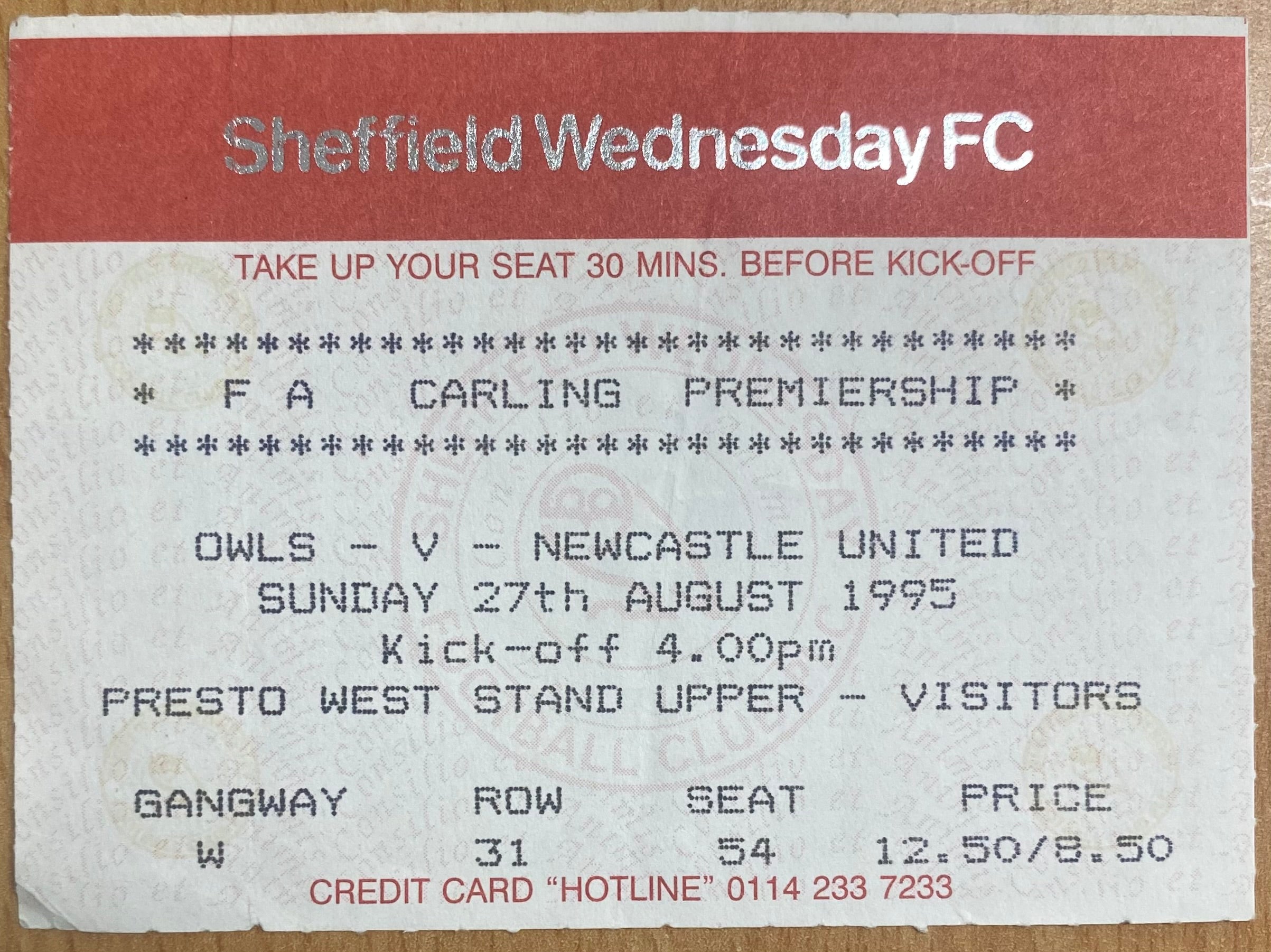 1995/96 ORIGINAL FA PREMIERSHIP TICKET SHEFFIELD WEDNESDAY V NEWCASTLE UNITED