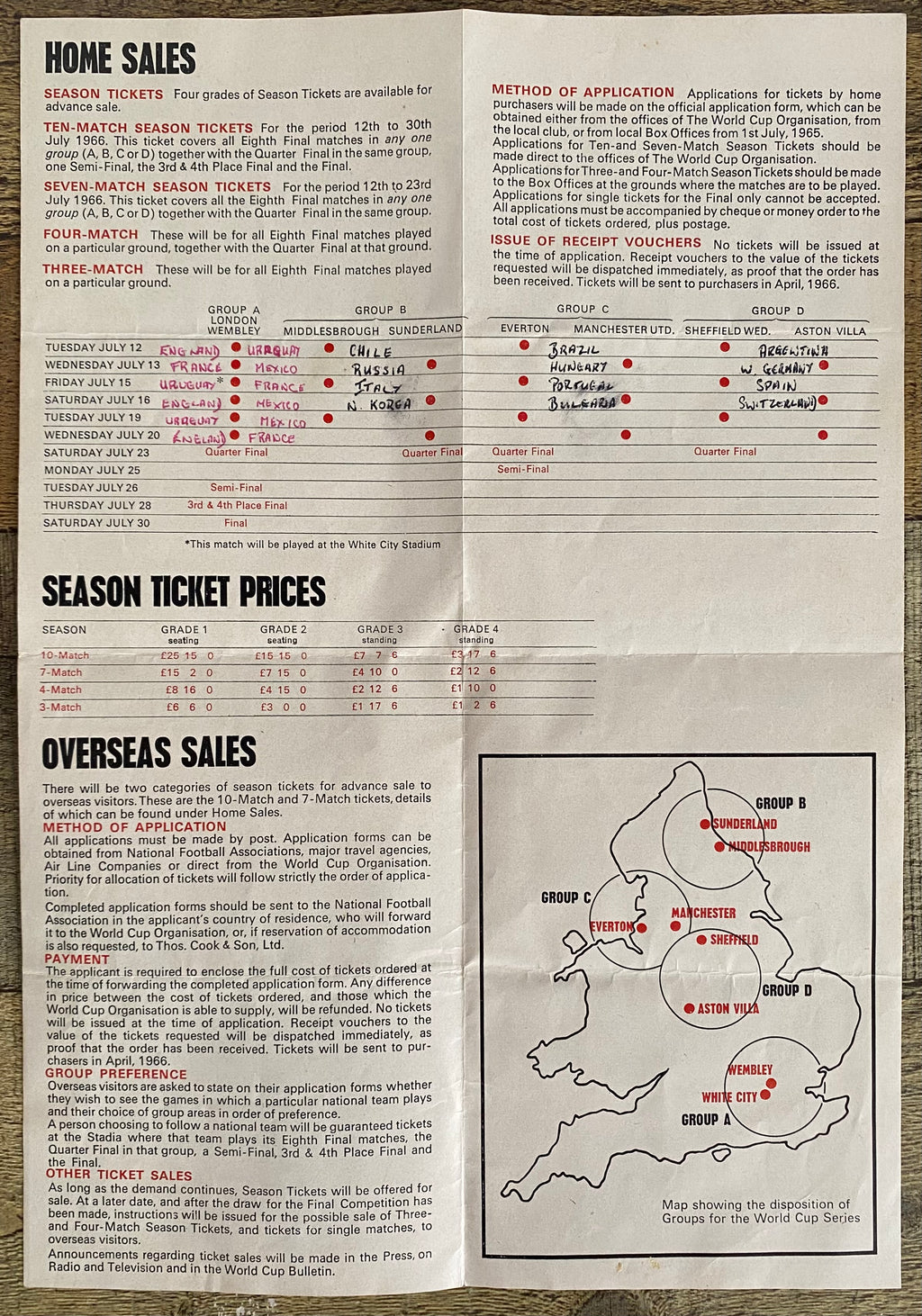 1966 WORLD CUP ORIGINAL OFFICIAL TICKET INFORMATION FOLD OUT BOOKLET