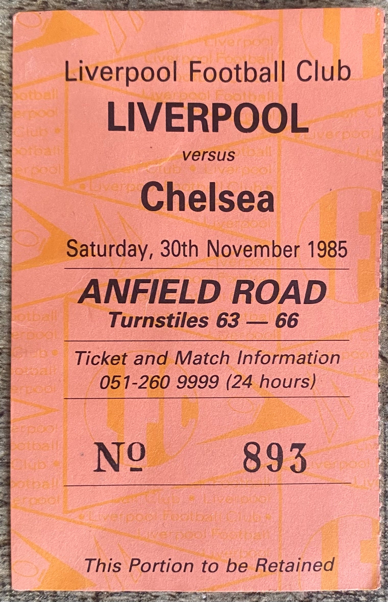 1985/86 ORIGINAL DIVISION ONE TICKET LIVERPOOL V CHELSEA