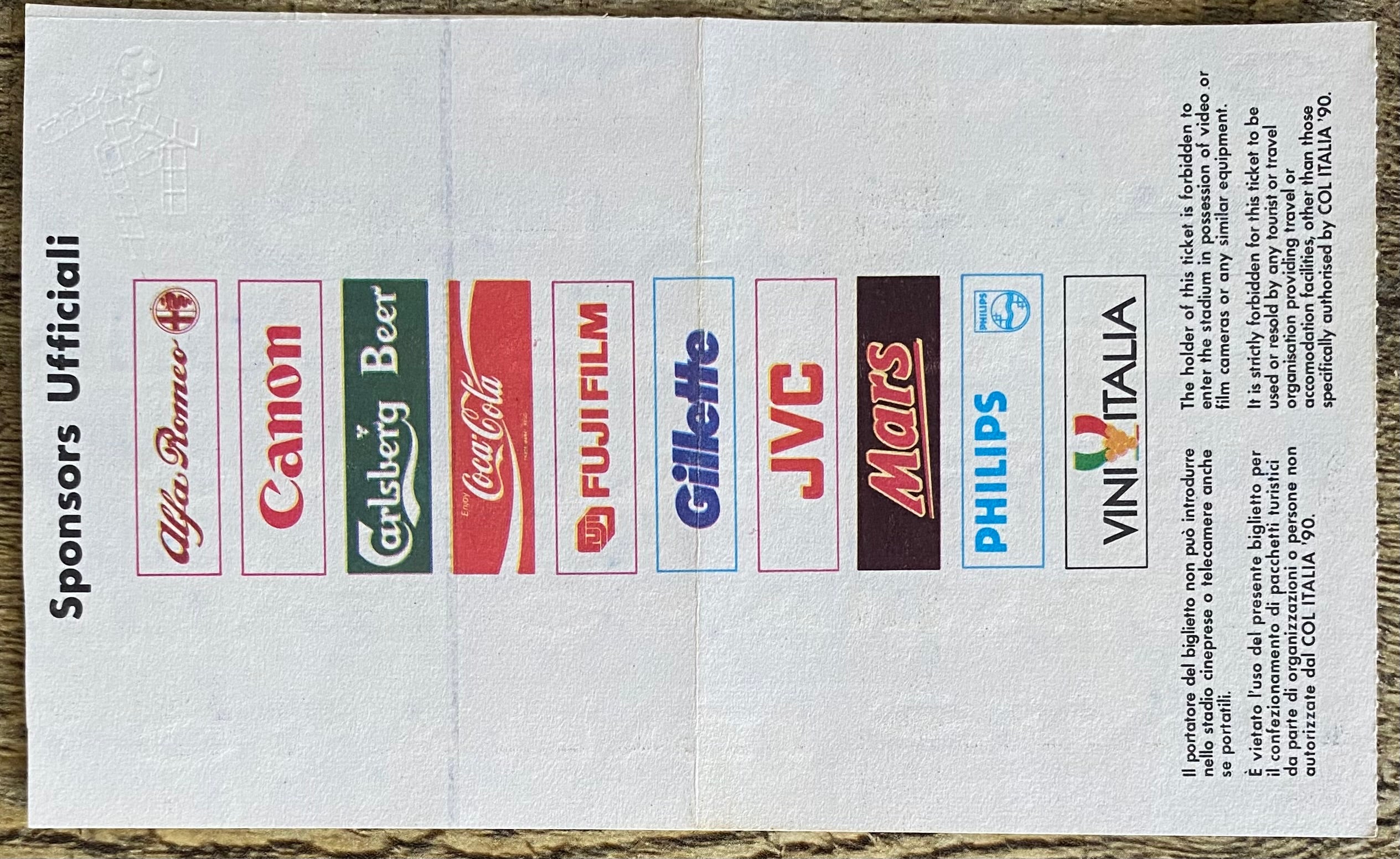 1990 ORIGINAL WORLD CUP 1ST ROUND TICKET ENGLAND V NETHERLANDS @ CAGLIARI