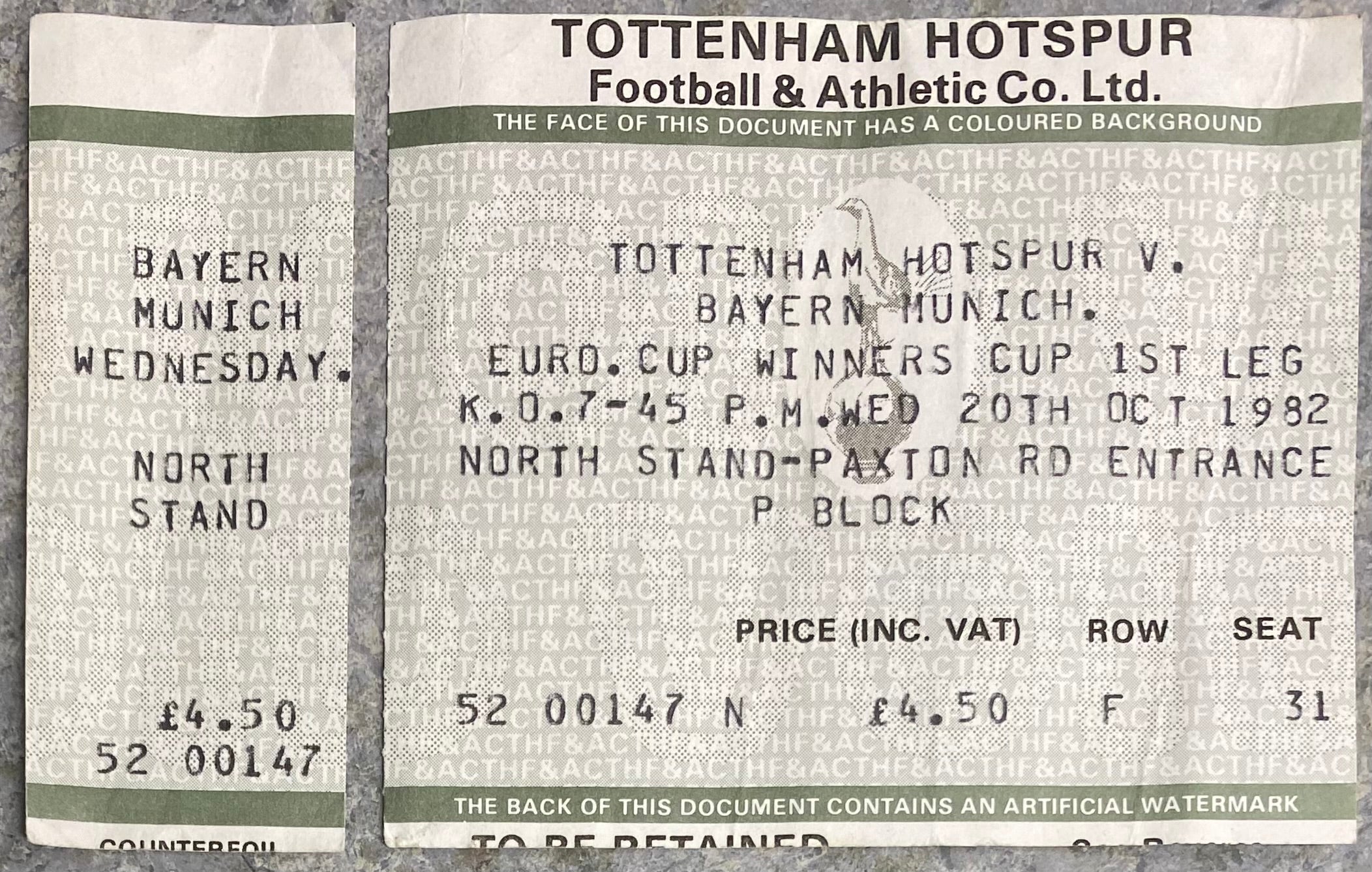 1982/83 ORIGINAL EUROPEAN CUP WINNERS CUP 2ND ROUND 1ST LEG TICKET TOTTENHAM HOTSPUR V BAYERN MUNICH