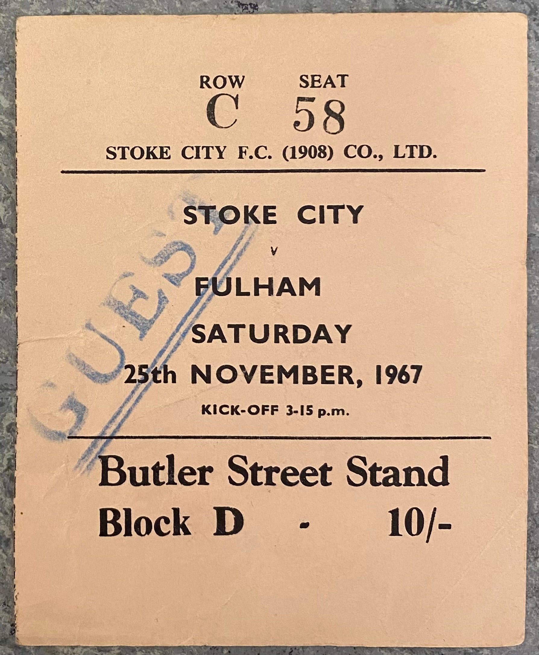1967/68 ORIGINAL DIVISION 1 TICKET STOKE CITY V FULHAM