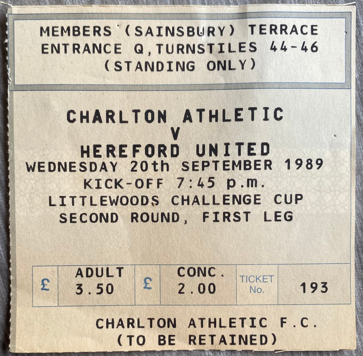 1989/90 ORIGINAL LITTLEWOODS CUP 2ND ROUND 1ST LEG TICKET CHARLTON ATHLETIC V HEREFORD UNITED