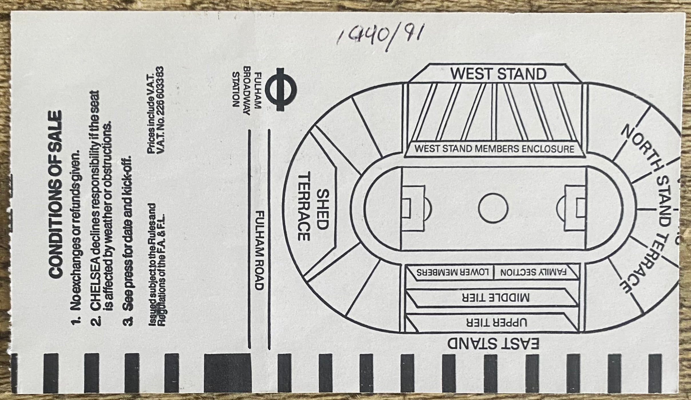 1990/91 ORIGINAL DIVISION ONE TICKET CHELSEA V CRYSTAL PALACE