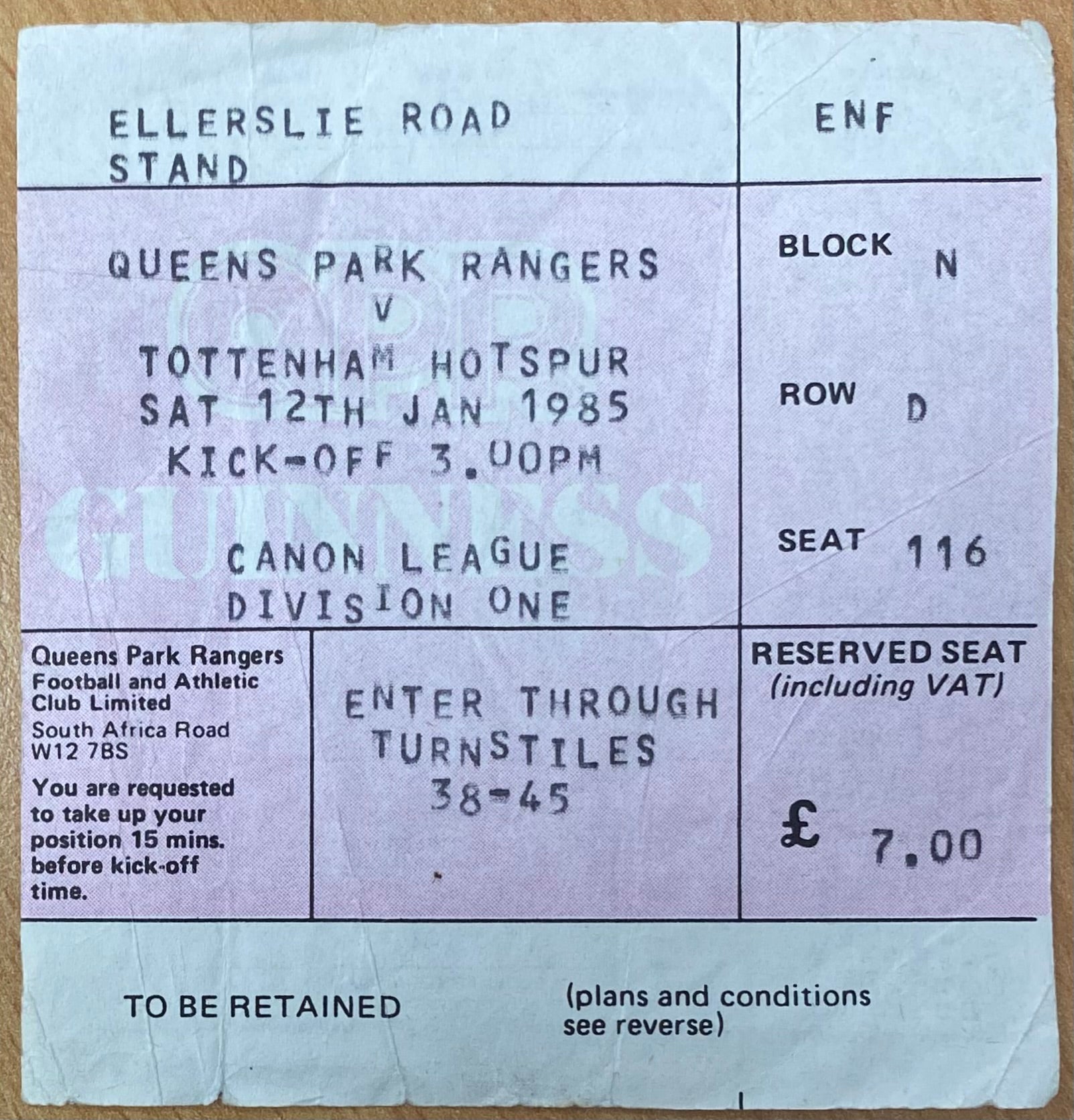 1984/85 ORIGINAL DIVISION ONE TICKET QUEENS PARK RANGERS V TOTTENHAM HOTSPUR