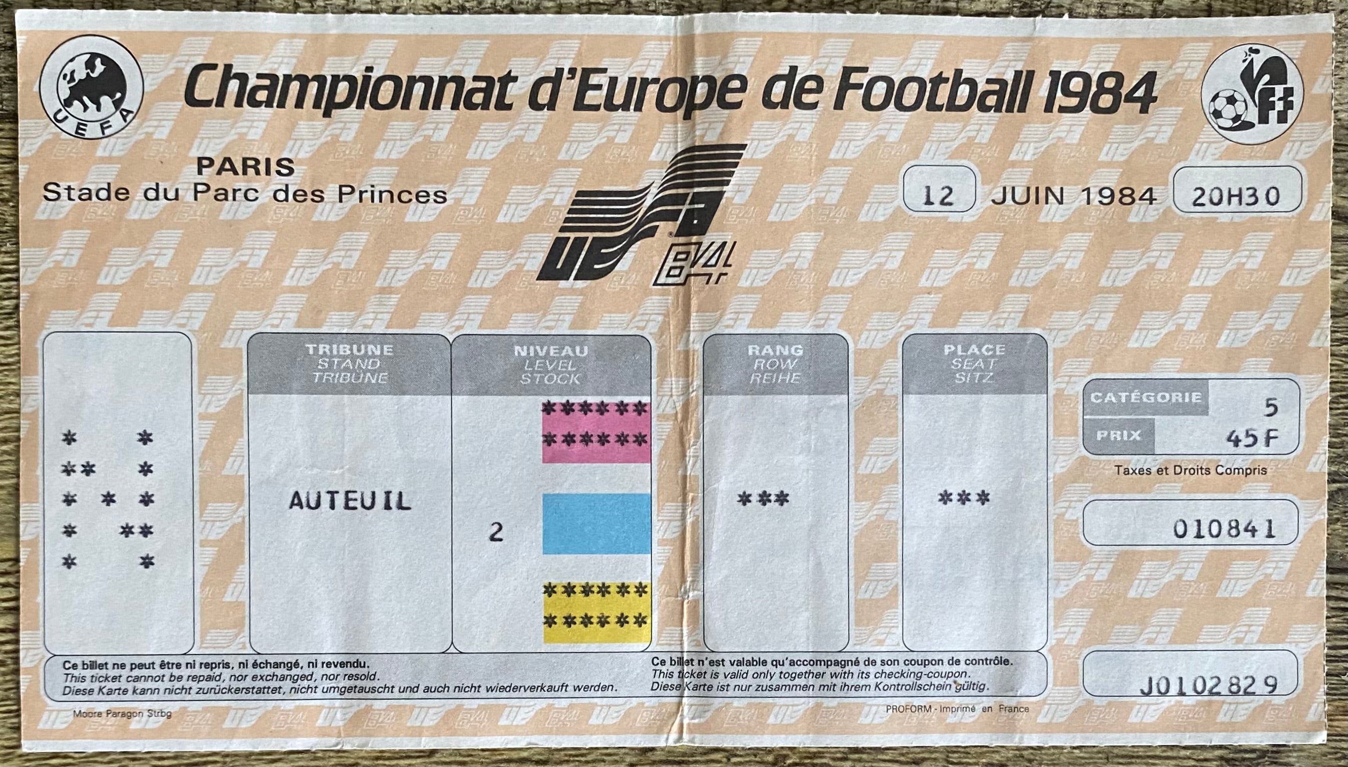 1984 ORIGINAL EURO 84 SEMI FINAL TICKET FRANCE V DENMARK @ PARIS