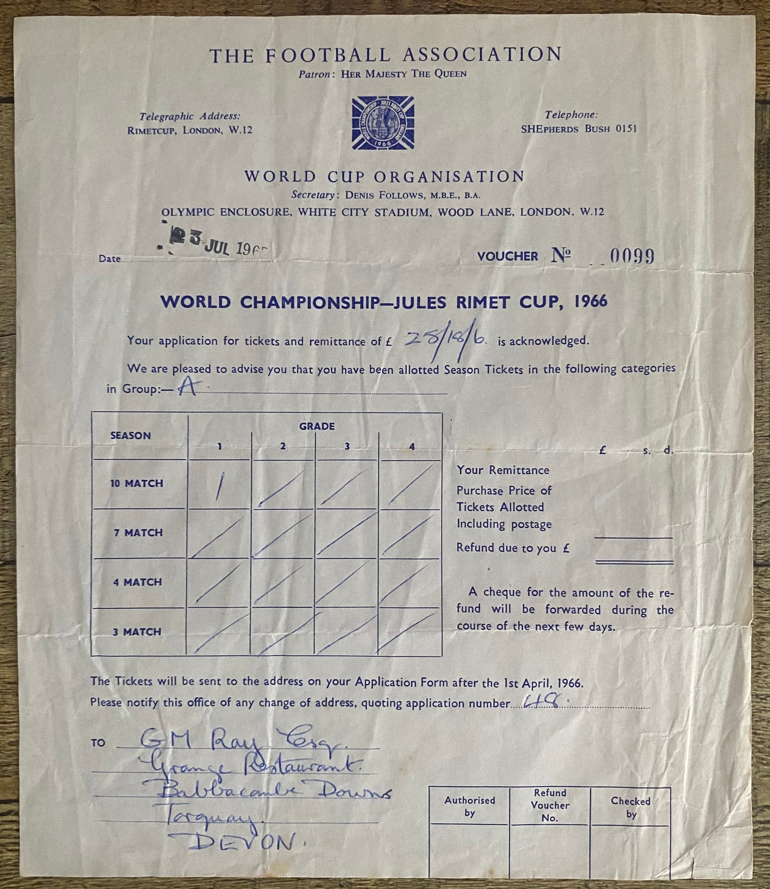 1966 WORLD CUP ORIGINAL OFFICIAL LETTER (TICKET SALES) FOR 10 MATCH TICKETS AT WEMBLEY & WHITE CITY