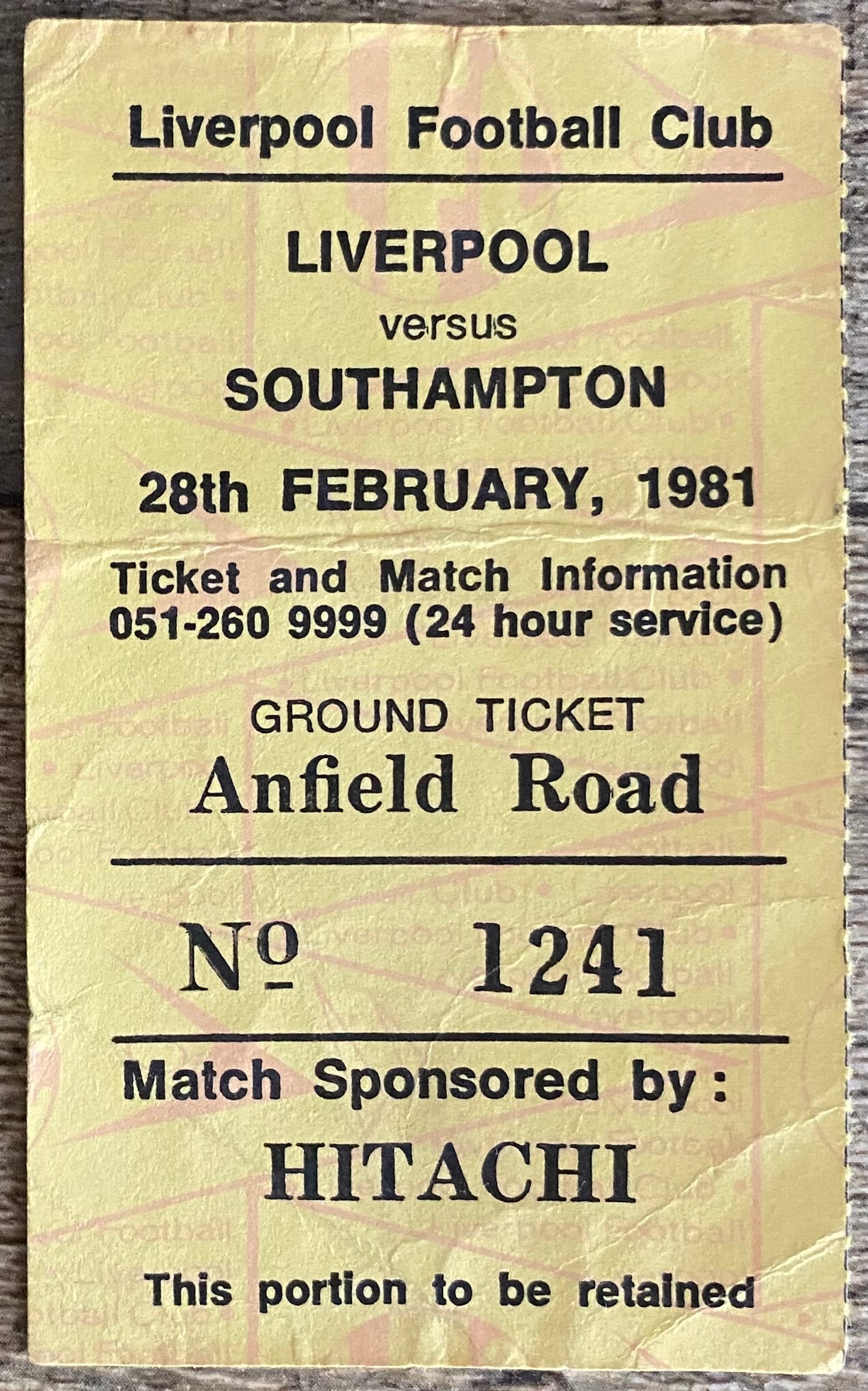 1980/81 ORIGINAL DIVISION ONE TICKET LIVERPOOL V SOUTHAMPTON