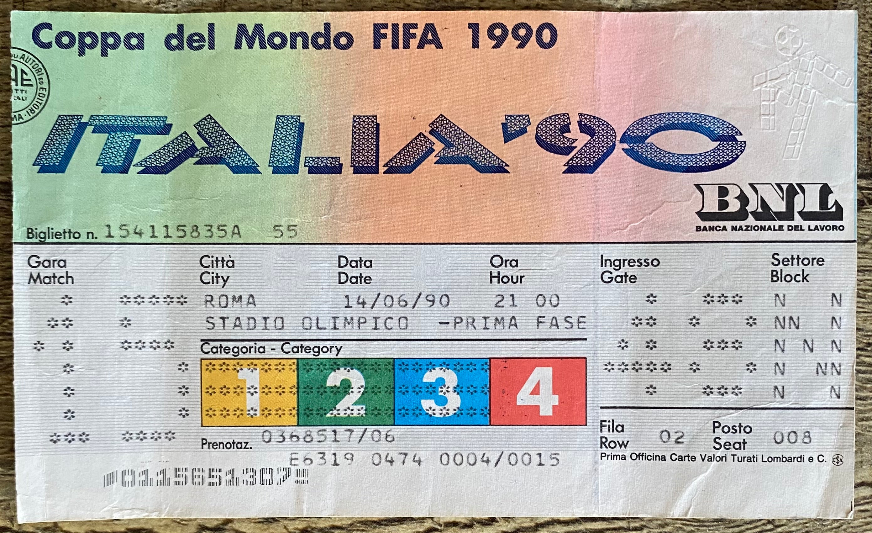 1990 ORIGINAL WORLD CUP 1ST ROUND TICKET ITALY V UNITED STATES @ ROME