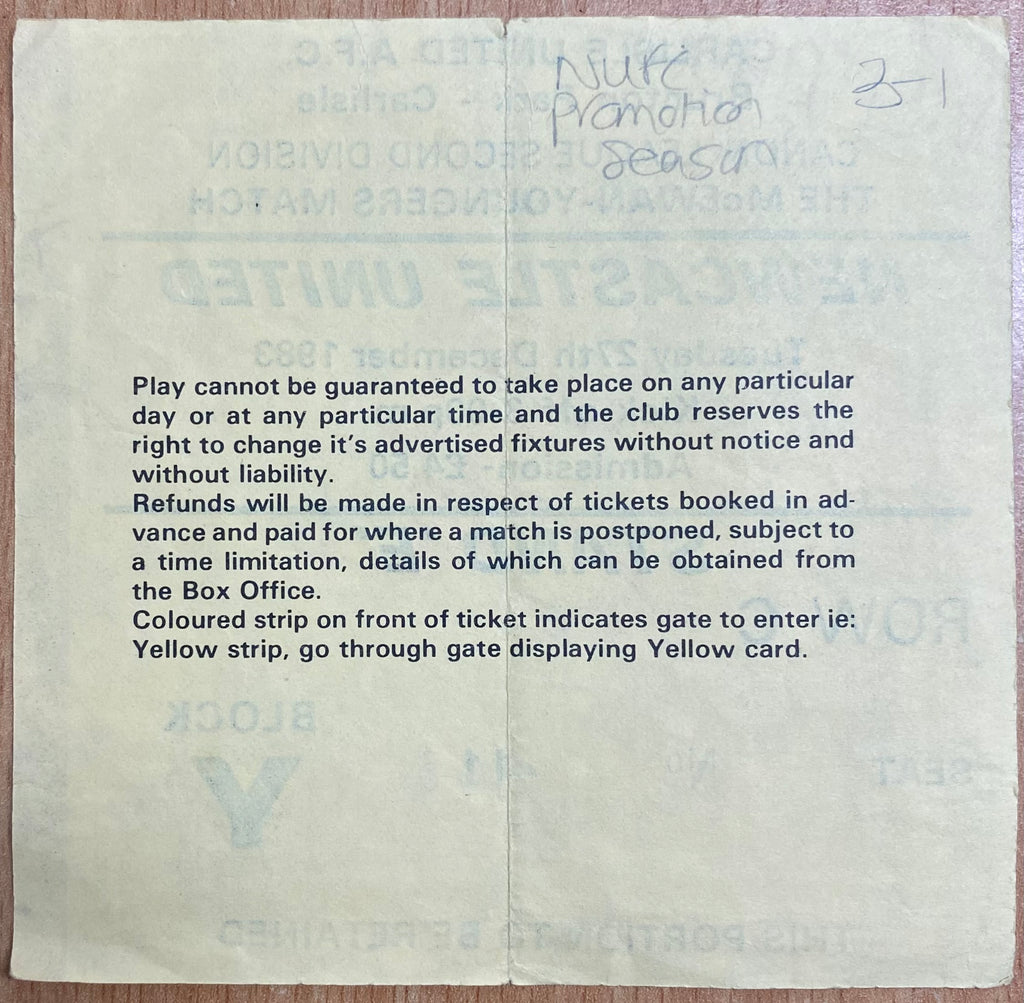 1983/84 ORIGINAL DIVISION 2 TICKET CARLISLE UNITED V NEWCASTLE UNITED