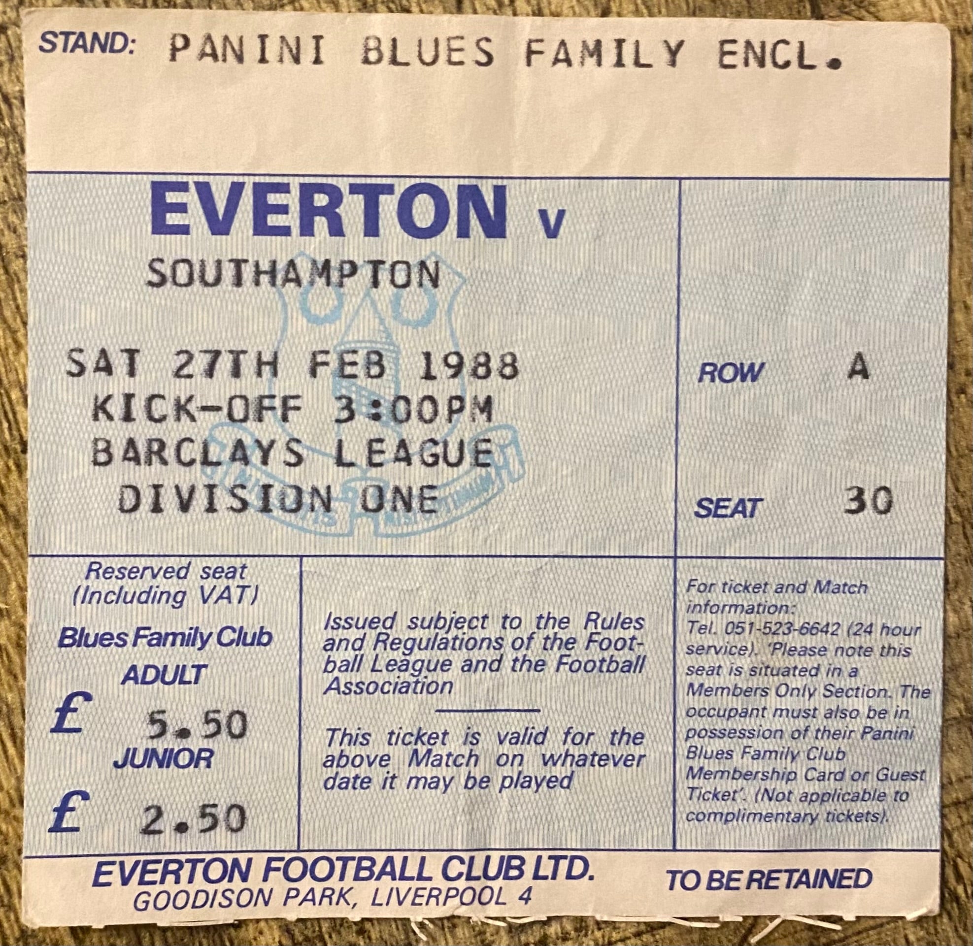 1987/88 ORIGINAL DIVISION ONE TICKET EVERTON V SOUTHAMPTON