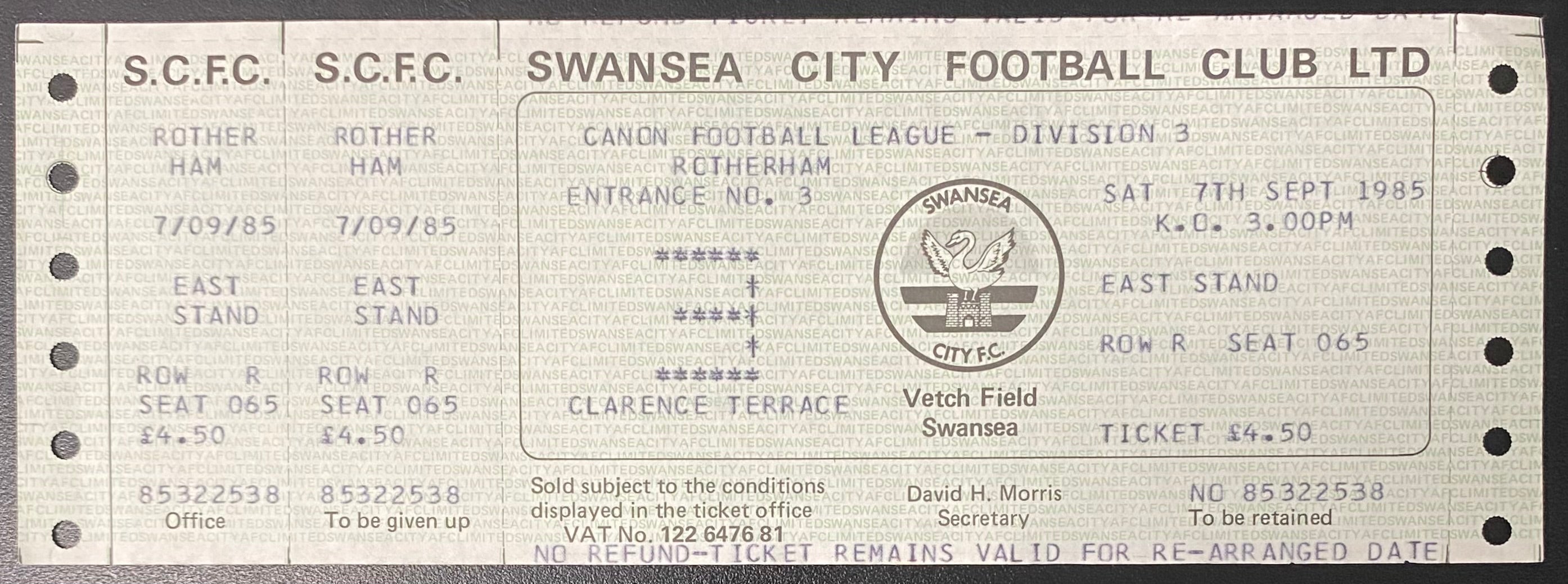 1985/86 ORIGINAL DIVISION 3 UNUSED TICKET SWANSEA CITY V ROTHERHAM UNITED