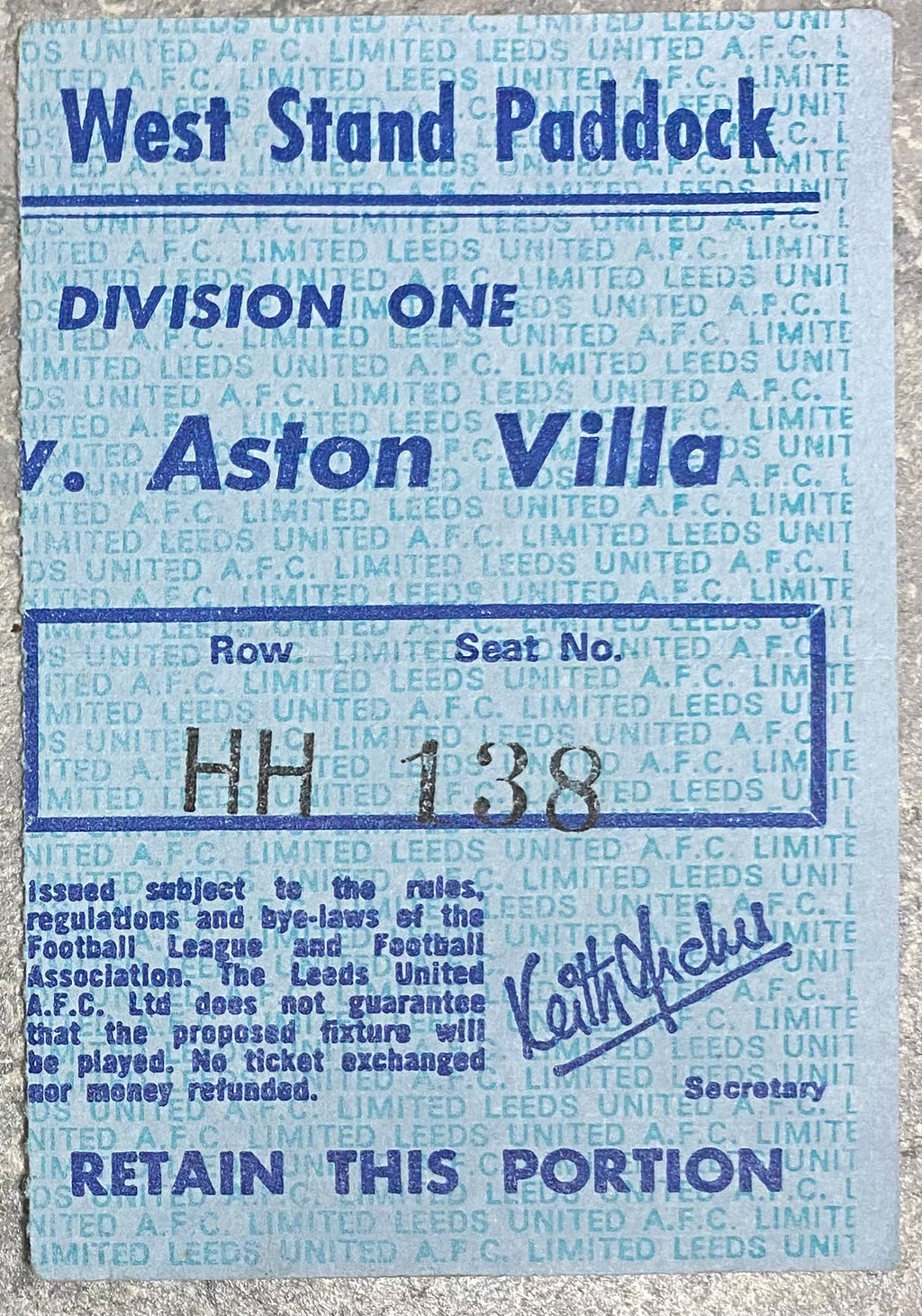 1975/76 ORIGINAL DIVISION ONE TICKET LEEDS UNITED V ASTON VILLA