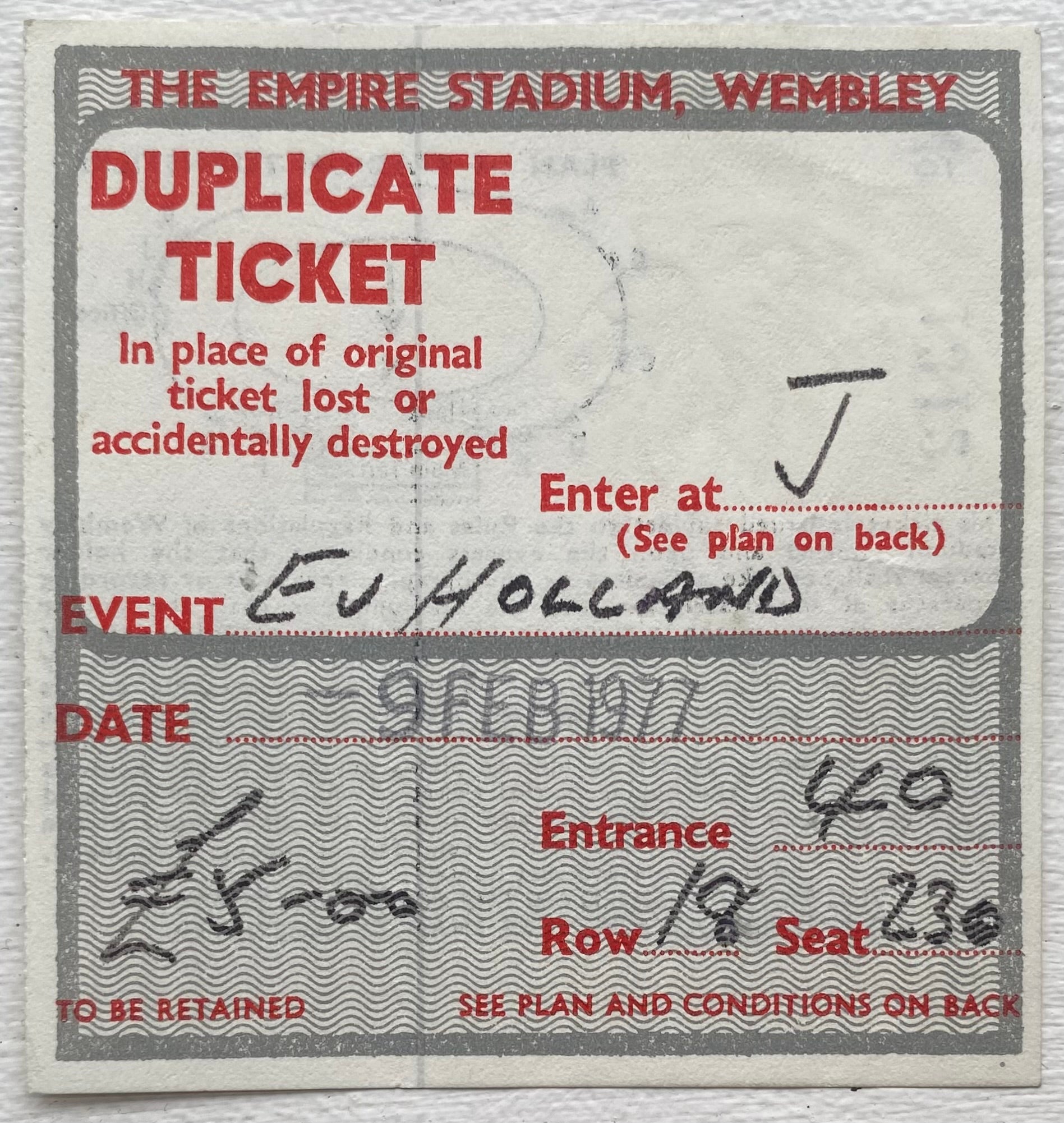 1977 ORIGINAL INTERNATIONAL TICKET ENGLAND V NETHERLANDS (DUPLICATE)