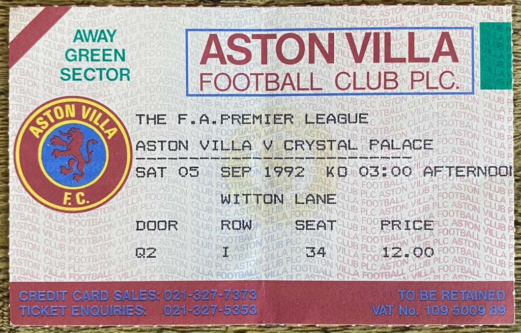 1992/93 ORIGINAL PREMIER LEAGUE TICKET ASTON VILLA V CRYSTAL PALACE