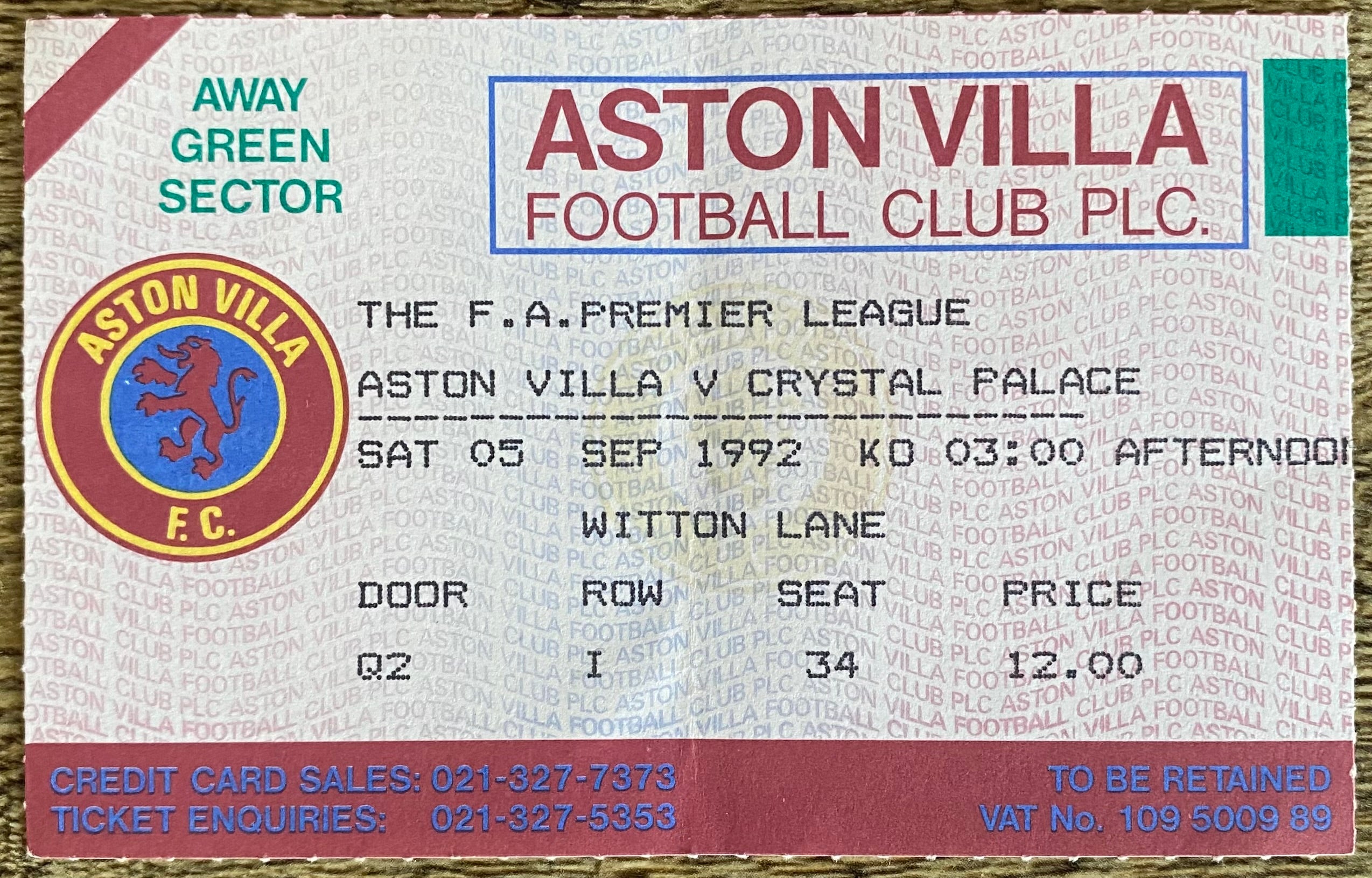 1992/93 ORIGINAL PREMIER LEAGUE TICKET ASTON VILLA V CRYSTAL PALACE
