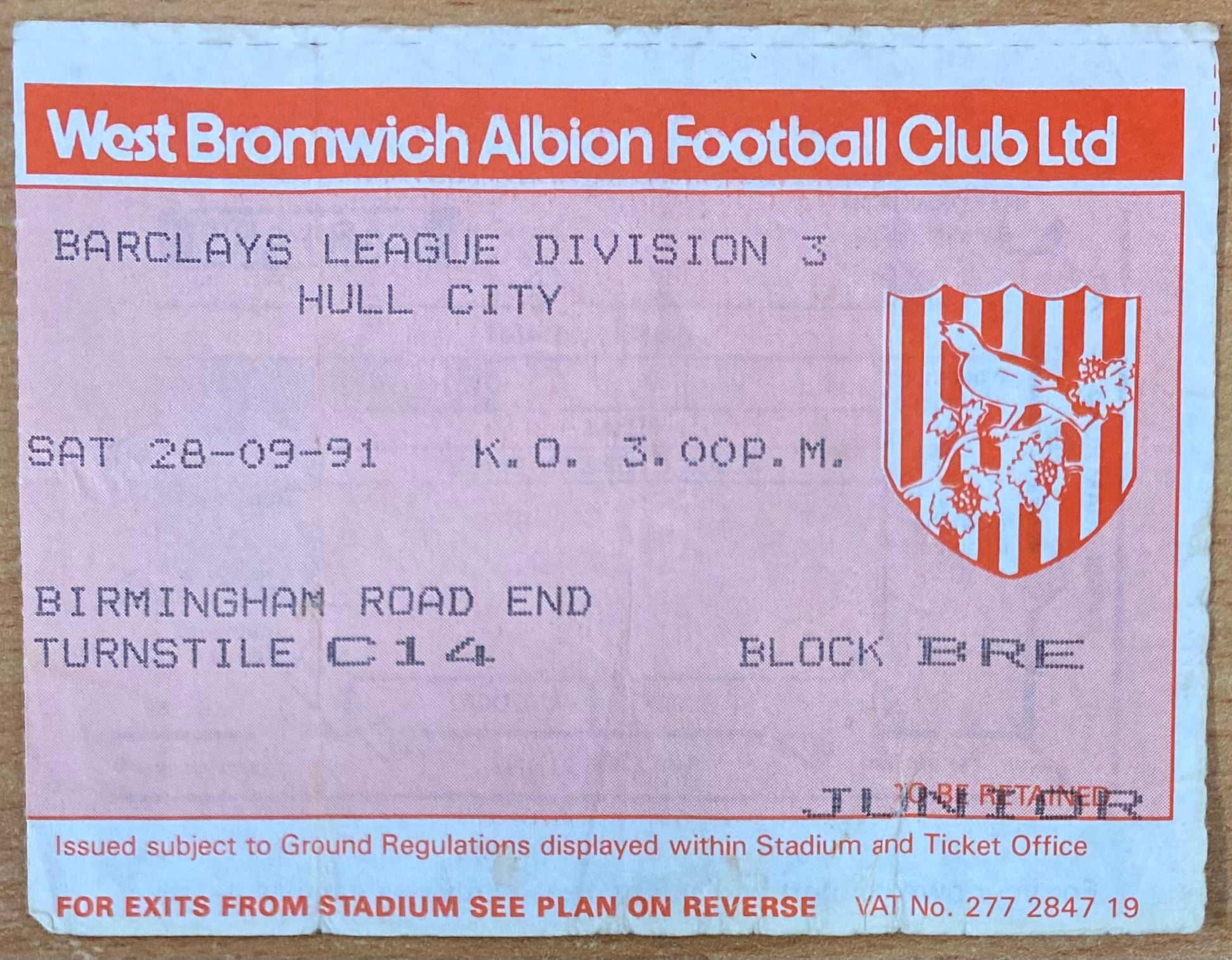 1991/92 ORIGINAL DIVISION 3 TICKET WEST BROMWICH ALBION V HULL CITY